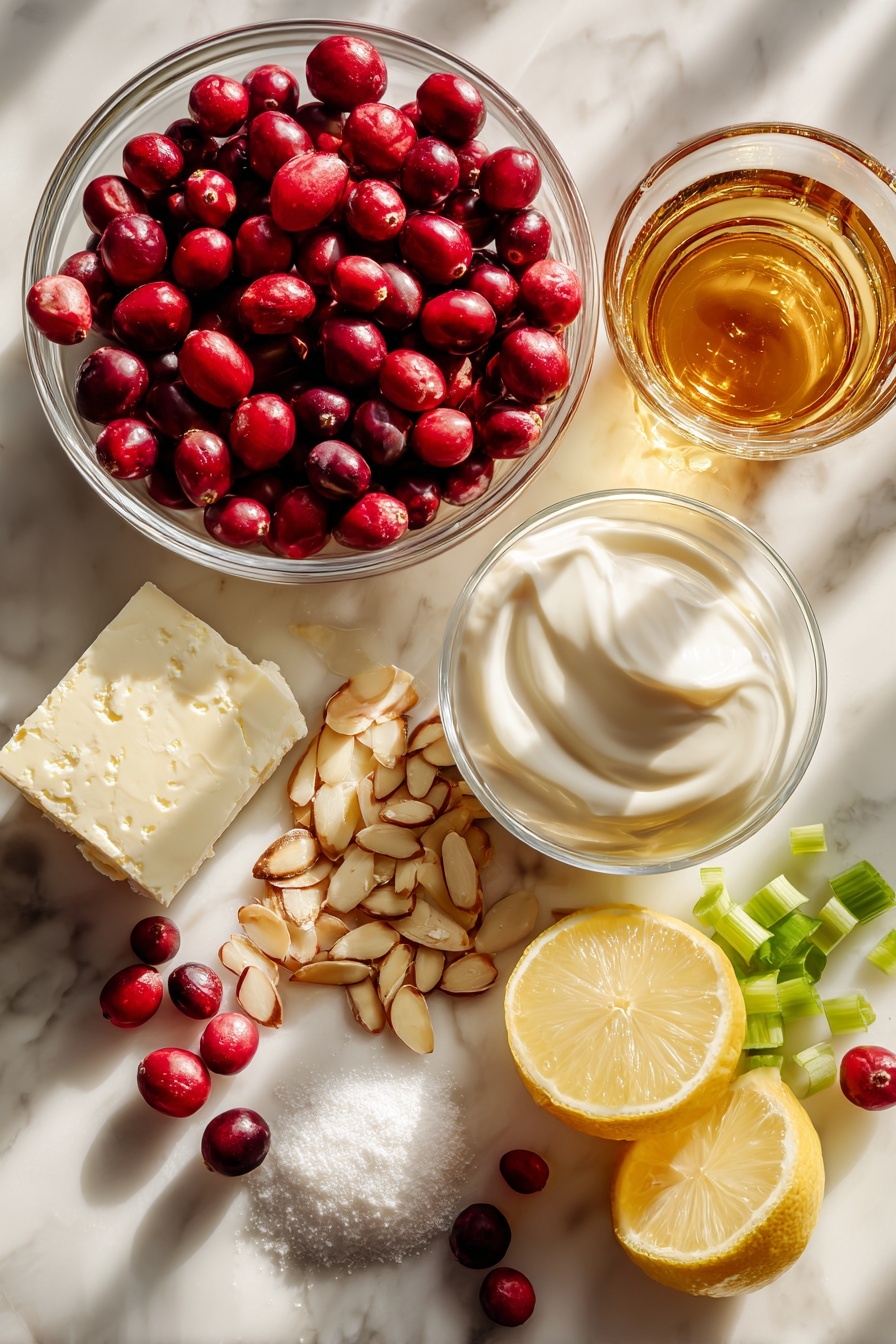 Flat lay of fresh bright red cranberries, a wedge of creamy soft cream cheese, a small pile of sparkling granulated sugar, thinly sliced vibrant green scallions, a scattering of golden sliced almonds, a lemon with a few pieces of finely grated lemon zest, a small splash of clear amber brandy in a glass drop, and a swirl of thick white heavy cream, all beautifully arranged with careful spacing and natural light highlighting their textures, placed on a white marble surface, photo taken with an iphone --ar 2:3 --v 7 - Cranberry Cream Cheese Spread, festive appetizer with cranberries and cream cheese, easy holiday cranberry spread, creamy cranberry dip, Cranberry Cream Cheese Spread recipe