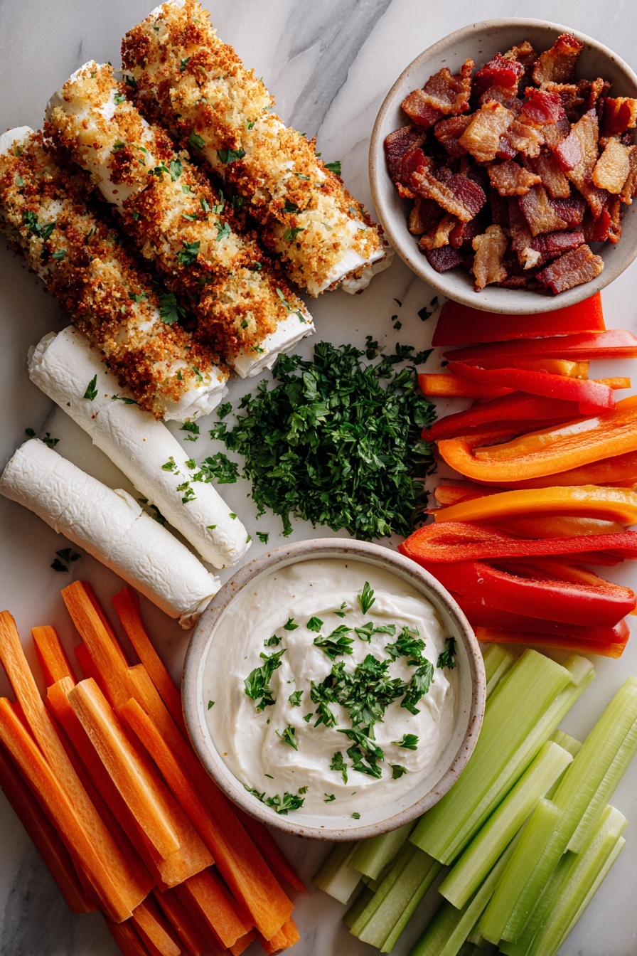 Flat lay of creamy white goat cheese logs, a small bowl of smooth sour cream, crispy golden pancetta cubes, toasted light brown panko breadcrumbs, fresh bright green chopped parsley, and colorful assorted raw vegetables like orange carrot sticks, red bell pepper slices, and green celery sticks, all beautifully arranged and separated on a white marble surface, photo taken with an iphone --ar 2:3 --v 7 - Whipped Goat Cheese with Crispy Pancetta, Toasted Panko, and Parsley, savory goat cheese appetizer, easy cheese dip with pancetta, quick party snack recipes, flavorful cheese spread