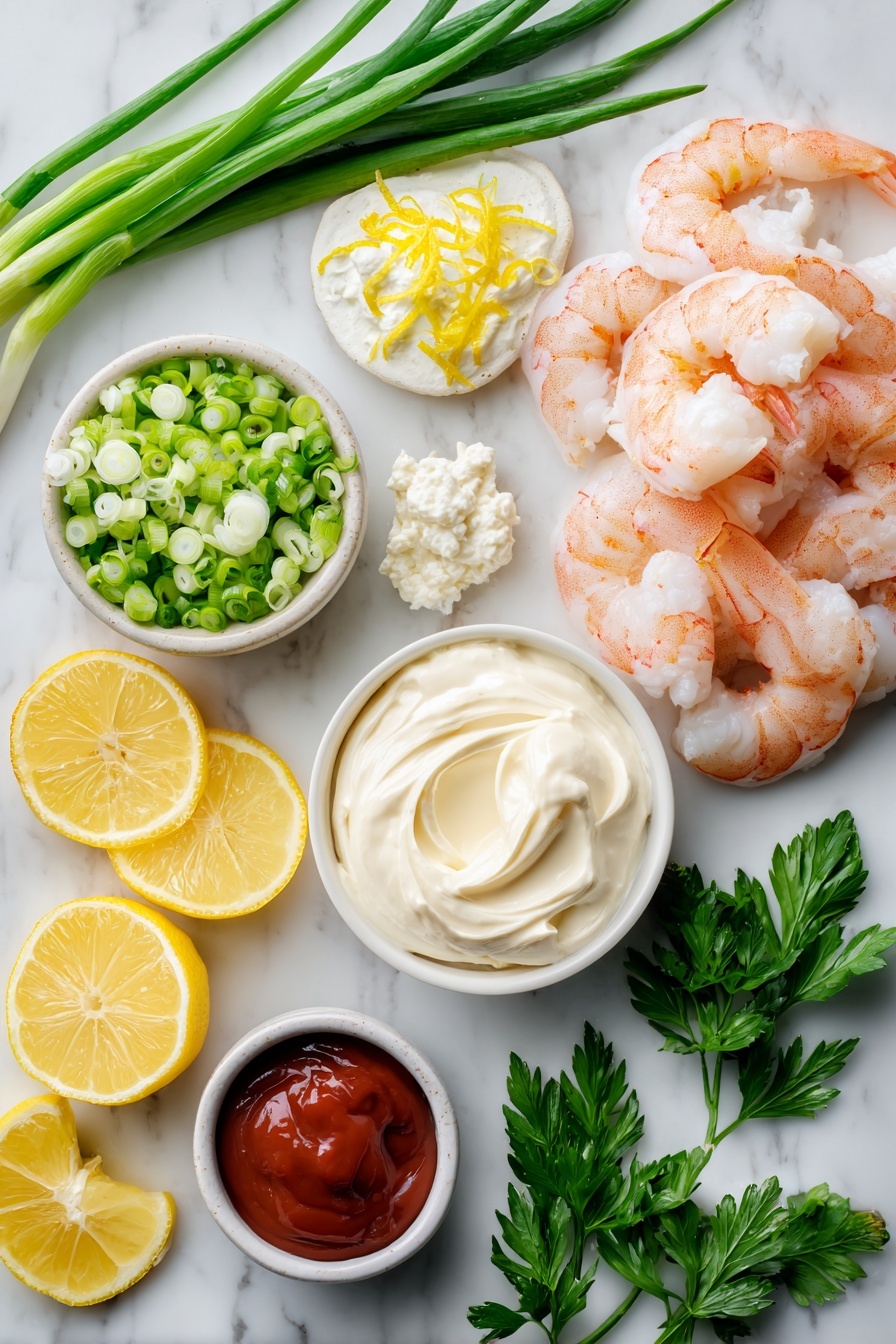 Flat lay of plump cooked shrimp, fresh green onions sliced thin, bright lemon zest and wedges of fresh lemon, vibrant chopped parsley, creamy softened cream cheese dollops, smooth mayonnaise swirl, and a small pool of rich red cocktail sauce, all beautifully arranged with scattered parsley leaves and lemon slices for color contrast, placed on a white marble surface, photo taken with an iphone --ar 2:3 --v 7 - Shrimp Dinner, Shrimp Dip, Easy Shrimp Appetizer, Seafood Dip, Party Snack Recipes