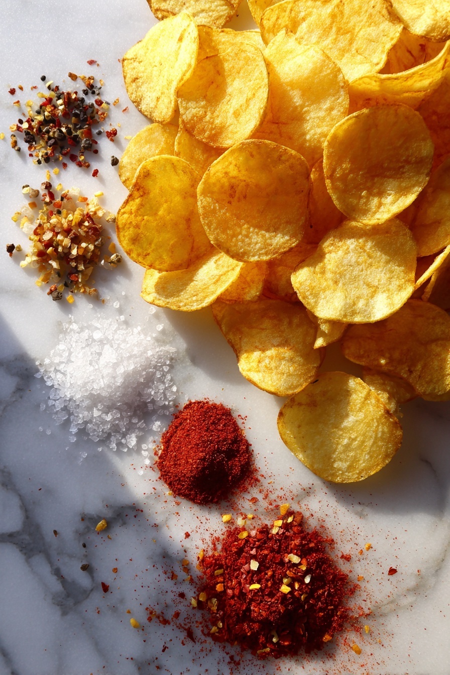 Flat lay of golden kettle-cooked potato chips, bright red paprika powder, coarse black peppercorns, granules of garlic salt, and vibrant red cayenne pepper flakes, all beautifully arranged in small piles and scattered lightly, placed on a white marble surface, photo taken with an iphone --ar 2:3 --v 7 - Spiced-Up Potato Chips, flavorful potato chips, easy homemade chips, spicy snack ideas, quick snack recipes