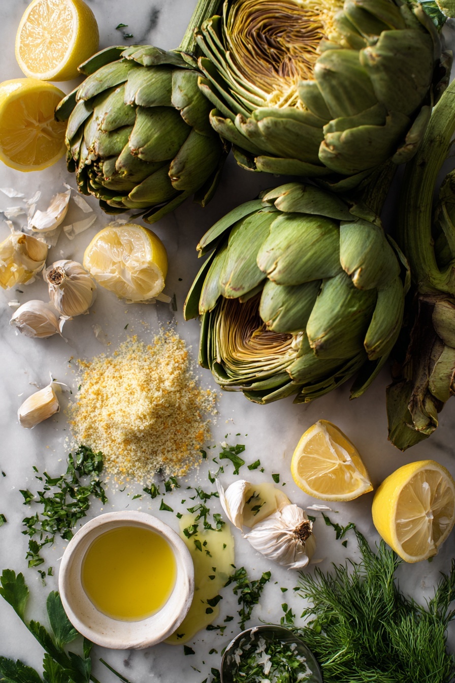 Flat lay of fresh whole artichokes with their green layered leaves gently opened, bright yellow lemon halves and zested peel, scattered fragrant garlic cloves, small anchovy filets glistening with olive oil, a pile of golden Italian seasoned breadcrumbs mixed with finely grated parmesan cheese, vibrant chopped Italian parsley sprinkled around, and a small pool of melted butter, all beautifully arranged on a white marble surface, photo taken with an iphone --ar 2:3 --v 7 - Stuffed Artichokes, stuffed artichokes recipe, garlic breadcrumb artichokes, tender stuffed artichokes, savory stuffed artichokes