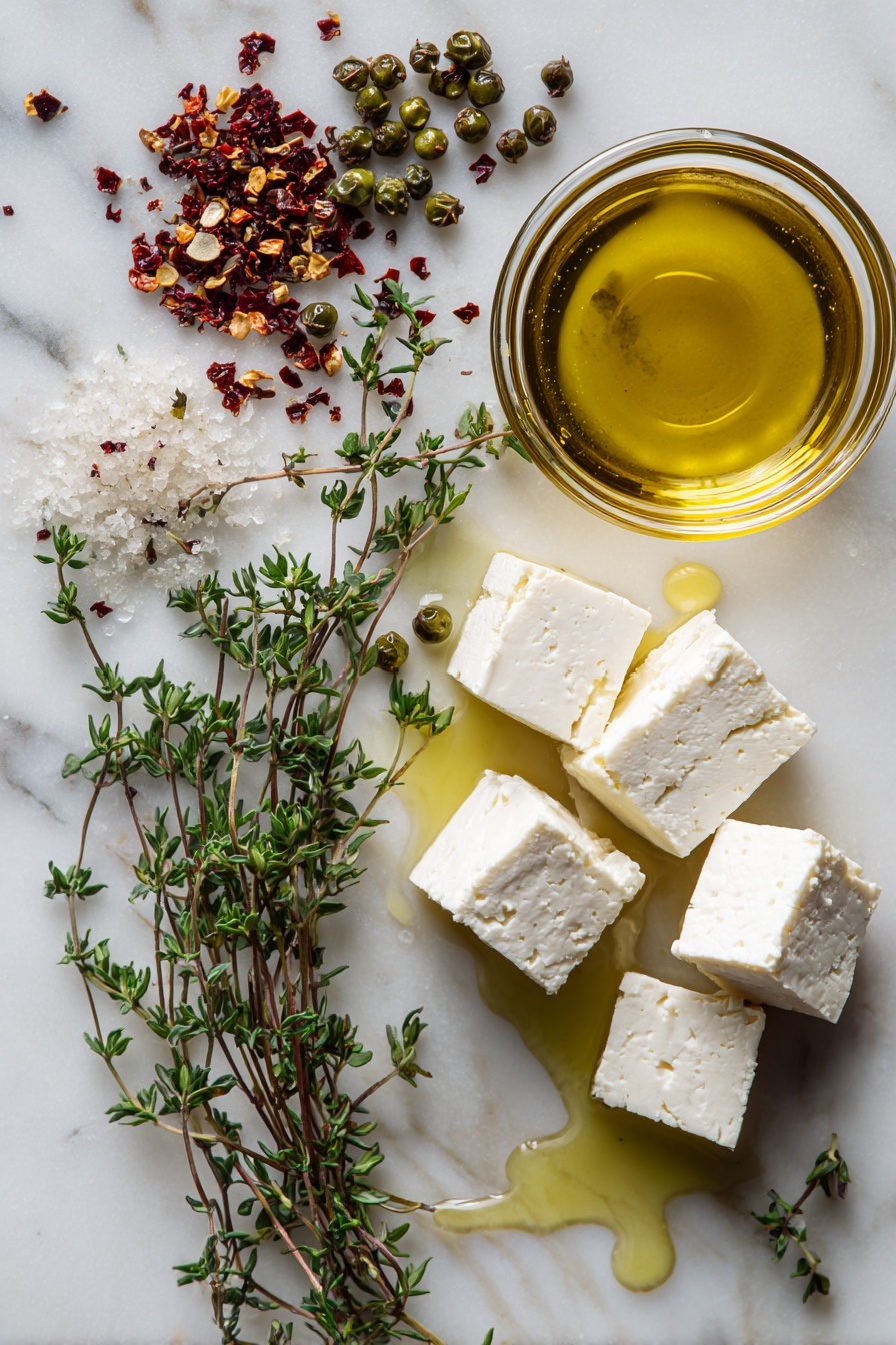 Flat lay of a block of feta cheese cut into cubes, fresh green peppercorns glistening in brine, vibrant sprigs of thyme with tiny green leaves, crushed red pepper flakes scattered delicately, a small pile of white wine vinegar drops shimmering, and a small pool of golden extra-virgin olive oil, all beautifully arranged in a natural, colorful composition, placed on a white marble surface, photo taken with an iphone --ar 2:3 --v 7 - Green Peppercorn-Marinated Feta, marinated feta with green peppercorns, easy feta cheese appetizer, flavorful feta marinades, cheese recipes with peppercorns