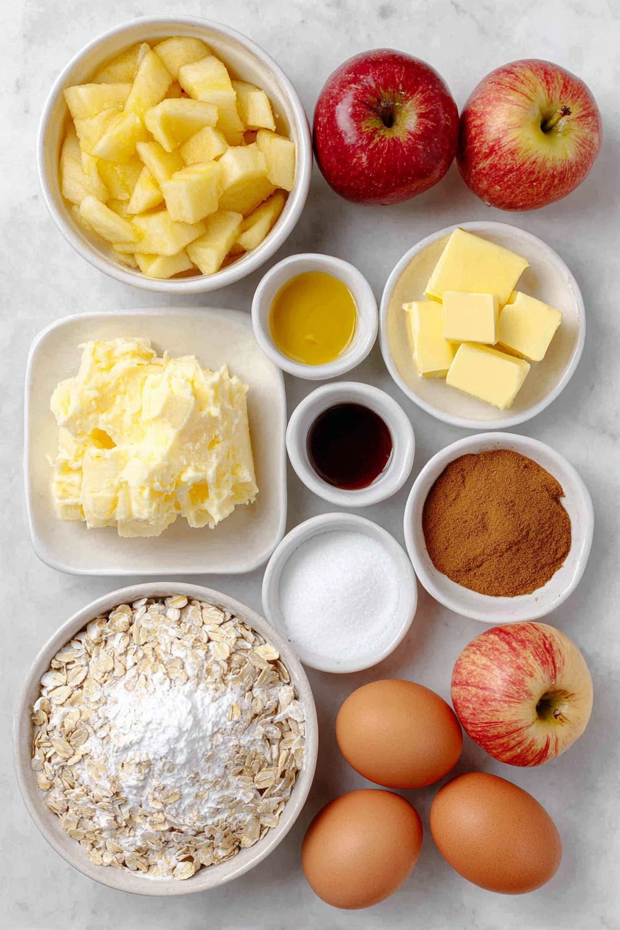 Flat lay of peeled and chopped large apples in a simple white ceramic bowl, a small white bowl of all-purpose flour, a small white bowl of brown sugar, a small white bowl with fresh lemon juice, a small white bowl with vanilla extract, a small white bowl of ground cinnamon, a small white bowl of ground nutmeg, a small white bowl of sea salt, whole rolled oats in a simple white ceramic bowl, cold unsalted butter cut into small cubes on a white ceramic plate, and two whole uncracked brown eggs arranged in perfect symmetry placed on a clean white marble surface, soft natural light, photo taken with an iPhone, professional food photography style, fresh ingredients, white ceramic bowls, no bottles, no duplicates, no utensils, no packaging --ar 2:3 --v 7 --p awthu7i m7354615311229779997 - Easy Apple Crisp, apple crisp dessert, easy apple crisp, cozy apple crisp, cinnamon apple dessert