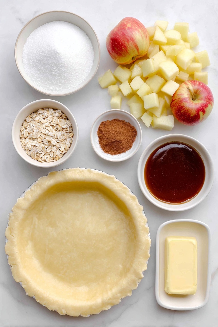 Flat lay of a small white ceramic plate with a perfectly round homemade pie crust, a handful of peeled and diced Gala, Fuji, Braeburn, and Empire apples showing fresh white flesh and warm red and yellow skins, a small white bowl filled with white granulated sugar, another small white bowl holding light brown all-purpose flour, a small white bowl containing packed brown sugar with a rich molasses color, a small white bowl of old-fashioned rolled oats, a small white bowl with ground cinnamon of a reddish-brown fine powder, a small white bowl with a quarter cup of softened salted butter showing creamy texture, and a small white bowl with glossy caramel topping, all arranged symmetrically and balanced on a clean white marble surface, soft natural light, photo taken with an iPhone, professional food photography style, fresh ingredients, white ceramic bowls, no bottles, no duplicates, no utensils, no packaging --ar 2:3 --v 7 --p awthu7i m7354615311229779997 - Apple Crisp Pizza, dessert pizza recipes, apple dessert ideas, easy fruit pizza, sweet baked pizza