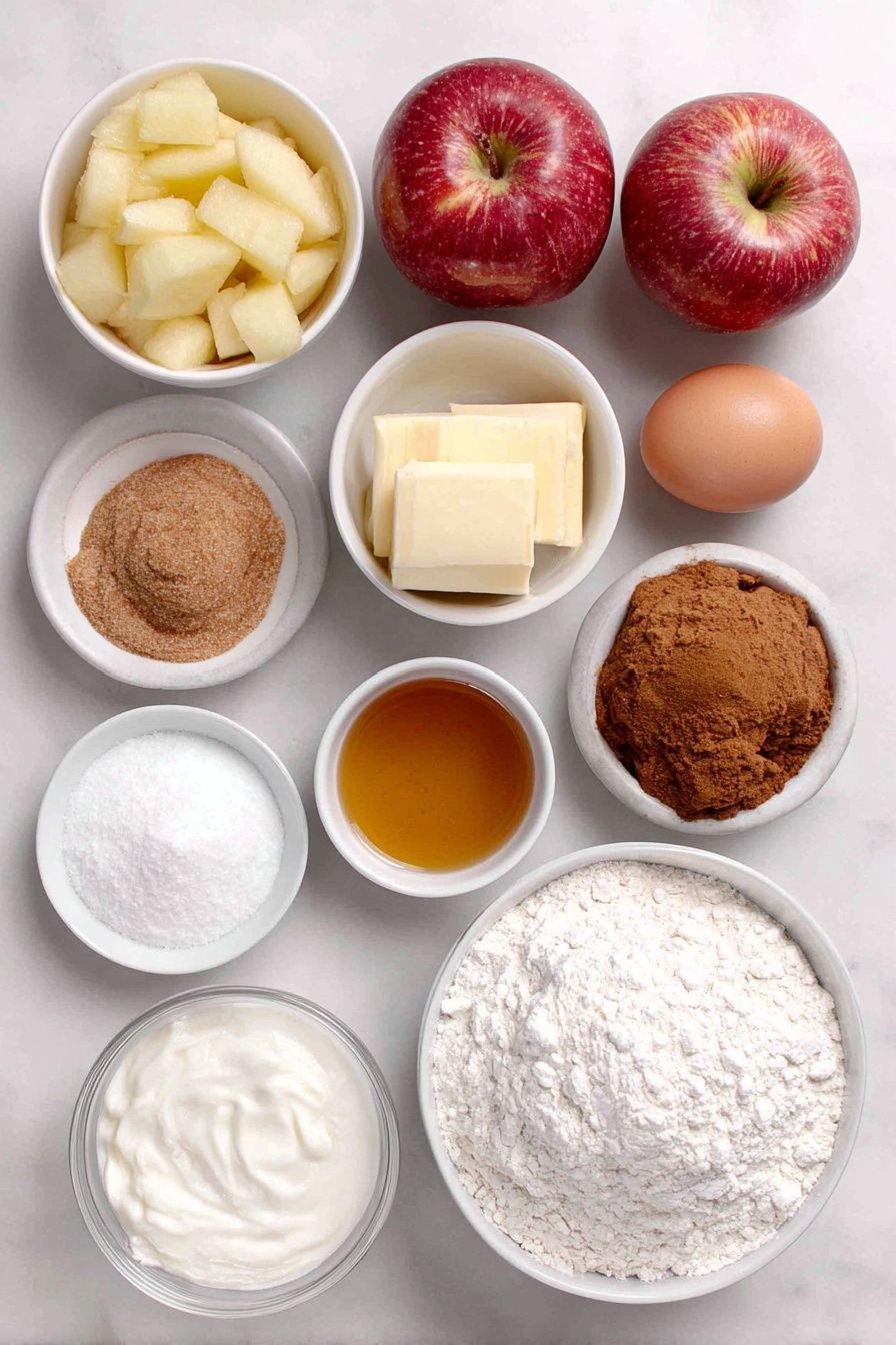 Flat lay of fresh peeled and chopped medium baking apples, a small mound of light brown sugar, a small white bowl of ground cinnamon powder, a small white bowl of ground ginger powder, a single large uncracked egg with a clean shell, a small mound of white granulated sugar, a small white bowl of vegetable oil, a small white bowl of full-fat sour cream, a small white bowl of vanilla extract, a small mound of all-purpose flour, a small white bowl of baking soda powder, a small white bowl of kosher salt, a small white bowl of sifted powdered sugar, a small white bowl of milk placed on a clean white marble surface, soft natural light, photo taken with an iPhone, professional food photography style, fresh ingredients, white ceramic bowls, no bottles, no duplicates, no utensils, no packaging --ar 2:3 --v 7 --p awthu7i m7354615311229779997 - Amish Apple Fritter Bread, apple fritter bread, warm apple dessert, cinnamon apple bread, comforting fall bread