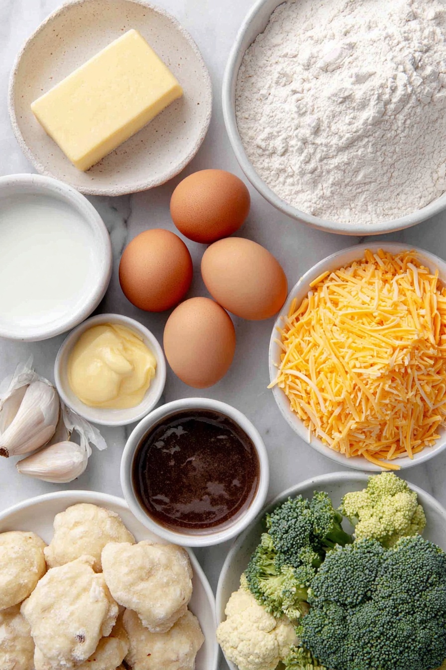 Flat lay of a small pat of creamy yellow butter, one small white onion halved to show fresh layers, two whole uncracked brown eggs, two cloves of fresh garlic with papery skin, a small white ceramic bowl filled with fine white all-purpose flour, a small white bowl of smooth whole milk, a small white bowl of pale heavy cream, a small white bowl containing golden chicken broth, a small white bowl with smooth Dijon mustard, a small white bowl holding dark Worcestershire sauce, a large bright orange shredded carrot mound, a neat pile of fresh green broccoli florets, a cluster of pillowy potato gnocchi, and a pile of freshly shredded sharp orange cheddar cheese, all arranged symmetrically on a clean white marble surface, soft natural light, photo taken with an iPhone, professional food photography style, fresh ingredients, white ceramic bowls, no bottles, no duplicates, no utensils, no packaging --ar 2:3 --v 7 --p awthu7i m7354615311229779997 - Broccoli Cheddar Gnocchi Soup, hearty broccoli cheddar soup, cheesy gnocchi soup, easy broccoli soup recipe, comforting cheese soup