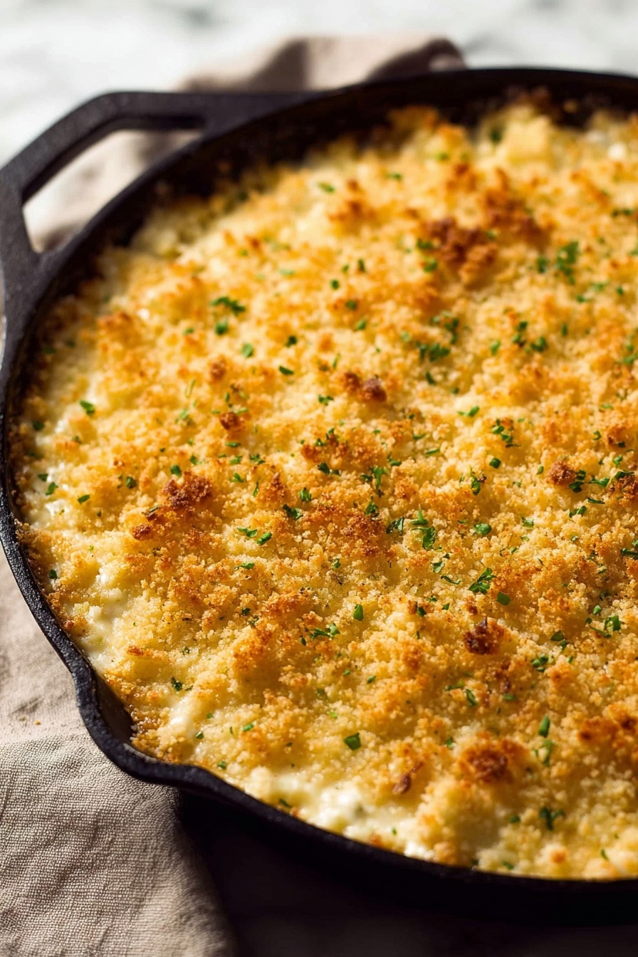 The image shows a close-up of a slice of baked macaroni and cheese being lifted, with long strings of melted white cheese stretching down from the main dish. The macaroni is covered with a thick layer of creamy, white cheese sauce visible inside, topped with a golden-brown crumbly layer with a slightly crispy texture and small green herb bits scattered on top. The background is a white marbled texture, and the dish rests in a white container. The focus is on the gooey cheese stretching and the crunchy topping on the macaroni. photo taken with an iphone --ar 2:3 --v 7 - Baked Mac and Cheese, cheesy baked pasta, creamy baked mac and cheese, crispy topping mac and cheese, homemade baked mac and cheese