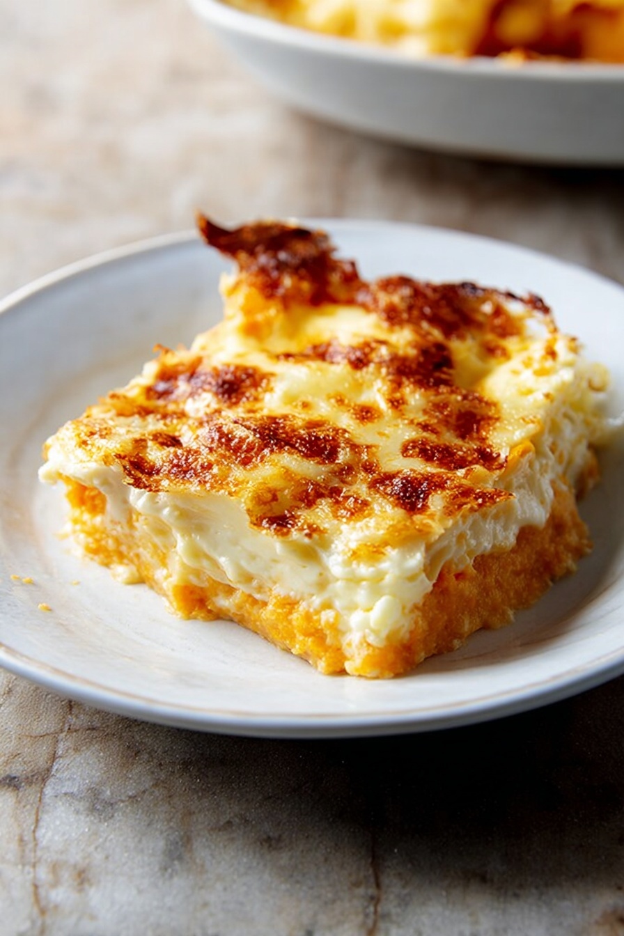 A white plate holds a single slice of layered cheesy casserole. The bottom layer is a soft, orange mashed base with a slightly rough texture. Above it is a creamy white layer topped with melted cheese that has browned spots and a bubbly texture. The edges show some golden-brown crisping, and the slice looks warm and soft. The white plate sits on a white marbled surface. photo taken with an iphone --ar 2:3 --v 7 - Roasted Butternut Squash Lasagna, butternut squash lasagna, autumn vegetable lasagna, cozy fall lasagna recipe, easy roasted veggie lasagna