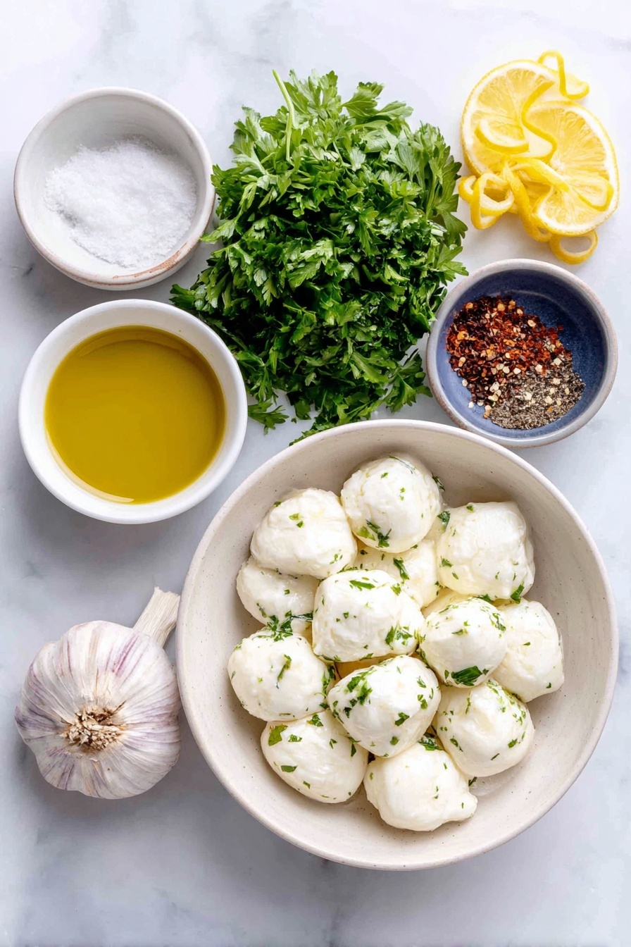 Flat lay of fresh ciliegine mozzarella balls, a small bunch of bright green chopped parsley and basil leaves, a few lemon wedges with vibrant yellow zest curls, a whole garlic bulb with one peeled clove grated, a small white bowl of golden extra-virgin olive oil, a tiny white bowl of coarse sea salt crystals, and a tiny white bowl of red pepper flakes, all arranged in perfect symmetry on simple white ceramic dishes, placed on a clean white marble surface, soft natural light, photo taken with an iPhone, professional food photography style, fresh ingredients, white ceramic bowls, no bottles, no duplicates, no utensils, no packaging --ar 2:3 --v 7 --p awthu7i m7354615311229779997 - Marinated Mozzarella Balls, Marinated Mozzarella, Cheese Appetizer, Fresh Herb Mozzarella, Easy Party Snacks