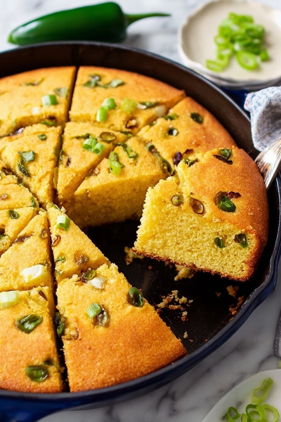 A round yellow cornbread baked in a dark blue cast iron pan, cut into nine square pieces, with green onion pieces visible on the top surface and scattered inside the cornbread. One piece is slightly pulled out but still touching the pan. The pan is set on a white marbled surface with two green chili peppers and a white plate with green onion slices nearby. Photo taken with an iphone --ar 2:3 --v 7 - Spicy Jalapeño Cornbread, jalapeño cornbread with heat, spicy cornbread recipe, flavorful jalapeño cornbread, easy spicy cornbread