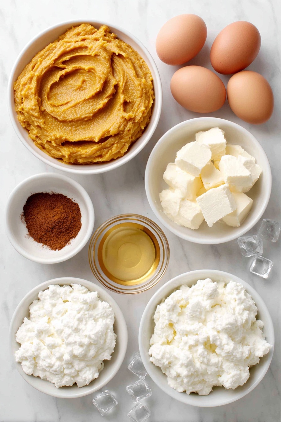 Flat lay of a small white bowl of bright orange pumpkin puree, a small white bowl of golden maple syrup, a small white bowl of creamy half-and-half, a small white bowl of warm brown pumpkin pie spice powder, two whole uncracked brown eggs, a small white bowl of fluffy white whipped cream dollops, a handful of clear ice cubes scattered neatly, two simple white ceramic martini glasses empty, placed on a clean white marble surface, soft natural light, photo taken with an iPhone, professional food photography style, fresh ingredients, white ceramic bowls, no bottles, no duplicates, no utensils, no packaging --ar 2:3 --v 7 --p awthu7i m7354615311229779997 - Pumpkin Pie Martini with Frozen Whipped Cream, pumpkin cocktail, festive fall drinks, creamy holiday martini, easy pumpkin cocktail