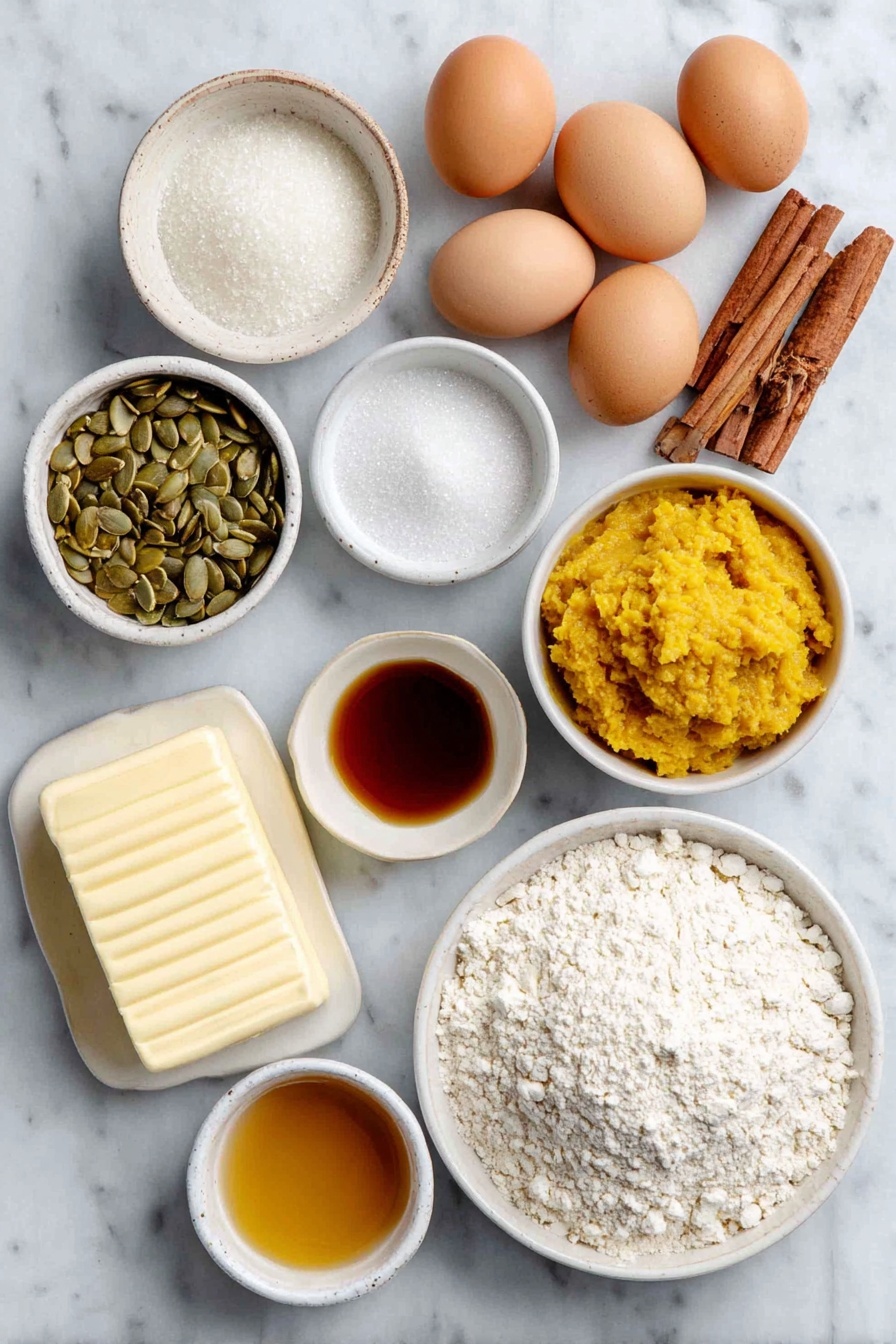 Flat lay of a stick of butter softly melting in a simple white ceramic bowl, three whole brown eggs with smooth shells arranged side by side, a small white bowl filled with granulated sugar crystals sparkling in natural light, a mound of fresh pumpkin puree with vibrant orange color on a white plate, a small white bowl holding warm amber-colored brown butter, two small white bowls with pale cream-colored heavy cream and golden amber bourbon side by side, a few dried orange-hued pumpkin pie spice leaves and sticks artistically scattered next to a small pile of light brown cinnamon sticks and yellowish ginger roots, a small white bowl containing fine white all-purpose flour, a simple white ceramic dish with roasted pepitas showcasing their glossy green shells, and a small white bowl of clear golden caramel glaze, all ingredients arranged symmetrically and balanced on a clean white marble surface, soft natural light, photo taken with an iPhone, professional food photography style, fresh ingredients, white ceramic bowls, no bottles, no duplicates, no utensils, no packaging --ar 2:3 --v 7 --p awthu7i m7354615311229779997 - Pumpkin Donuts with Bourbon Caramel Glaze, fall pumpkin donuts, bourbon caramel glaze recipe, cozy autumn desserts, easy pumpkin donut recipe