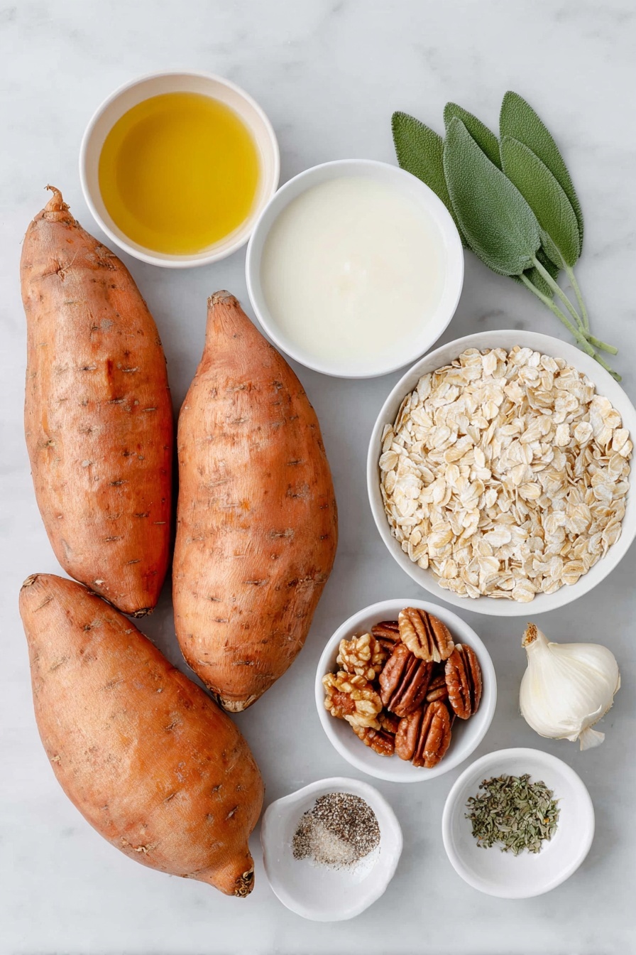 Flat lay of five large bright orange sweet potatoes, a small white bowl of golden extra-virgin olive oil, a small white bowl of creamy milk, a small white bowl of fresh green sage leaves, a small white bowl of whole rolled oats, a small white bowl of whole pecans, a small white bowl of whole walnuts, one peeled garlic clove, a small white bowl of amber maple syrup, a small white bowl of dried thyme leaves, a small white bowl of minced fresh rosemary, a small white bowl of coarse sea salt, a small white bowl of freshly ground black pepper, all arranged in perfect symmetry on a clean white marble surface, soft natural light, photo taken with an iPhone, professional food photography style, fresh ingredients, white ceramic bowls, no bottles, no duplicates, no utensils, no packaging --ar 2:3 --v 7 --p awthu7i m7354615311229779997 - Sweet Potato Casserole with Nutty Crumble, comforting sweet potato casserole, holiday sweet potato side dish, easy sweet potato casserole recipe, nutty crumble topping dessert
