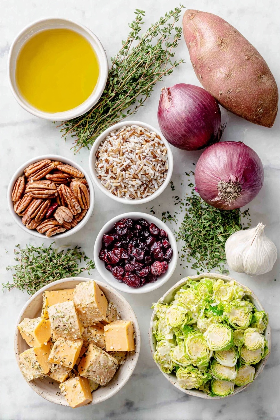 Flat lay of a small mound of dry brown wild rice blend, a few bright orange sweet potato cubes, two whole shallots with pale purple skins, a small white bowl of extra-virgin olive oil, a small white bowl of amber apple cider vinegar, a single fresh garlic clove, a small bunch of fresh thyme sprigs, a small white bowl of coarse sea salt, a small pile of shaved bright green Brussels sprouts, a small heap of dried deep red cranberries, a small pile of chopped pecans, a small bunch of vibrant fresh parsley leaves, a couple of whole brown eggs, freshly ground black pepper scattered lightly on the surface, all arranged symmetrically in simple white ceramic bowls and directly on the surface, placed on a clean white marble surface, soft natural light, photo taken with an iPhone, professional food photography style, fresh ingredients, white ceramic bowls, no bottles, no duplicates, no utensils, no packaging --ar 2:3 --v 7 --p awthu7i m7354615311229779997 - Wild Rice Pilaf with Roasted Sweet Potatoes, healthy wild rice side dish, easy holiday side recipes, comforting vegetarian mains, flavorful roasted vegetable recipes