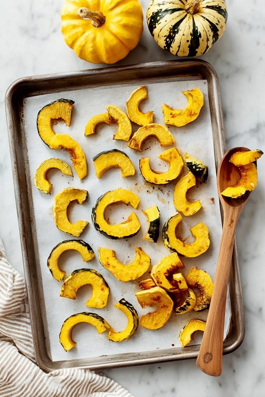 The image shows a baking tray covered with white parchment paper holding roasted squash pieces. There are two round whole squashes at the top of the tray, one with yellow skin and green stripes and the other similar but smaller. The tray is filled with curved squash slices, with bright yellow flesh and some brown roasted edges, scattered evenly across it. A wooden spoon rests on the tray with two pieces of roasted squash on it. The tray sits on a white marbled surface with parts of a white and beige striped cloth visible on the side. photo taken with an iphone --ar 2:3 --v 7 - Roasted Delicata Squash with Apples, delicious fall vegetable side dish, healthy roasted delicata squash recipe, easy fall squash and apple side, cozy autumn vegetables