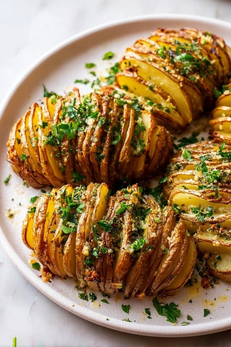 The image shows several golden brown sliced potatoes arranged on a white plate, each potato sliced almost all the way through in thin layers that fan out, revealing seasoned green herbs and a drizzle of melted butter or oil in between the slices. The potatoes have a crispy texture on the edges, sprinkled with fresh chopped green parsley on top. The white plate sits on a white marbled surface, adding a clean and bright background to the warm, earthy colors of the potatoes. The photo taken with an iphone --ar 2:3 --v 7 - Cheesy Hasselback Potatoes, Hasselback Potatoes with Cheese, Crispy Hasselback Potatoes, Baked Hasselback Potatoes, Easy Hasselback Potato Side Dish
