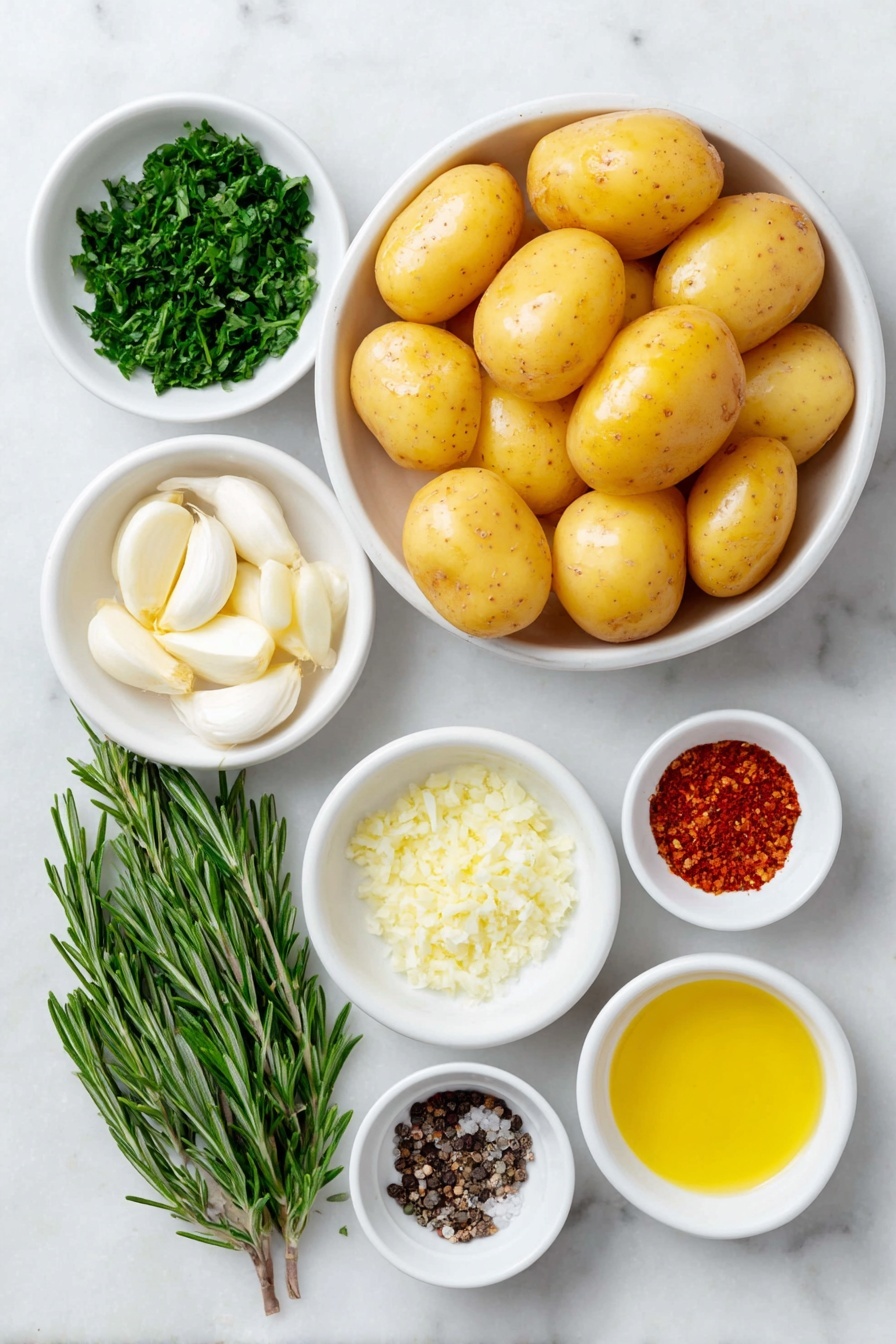 Flat lay of small halved yellow potatoes with smooth skin, a small white bowl of golden extra-virgin olive oil, a small white bowl containing fresh minced garlic cloves, a few bright green sprigs of fresh parsley, a small white bowl of chopped fresh rosemary, a small white bowl with finely grated lemon zest, a small white bowl of fresh lemon juice, a small white bowl with smooth Dijon mustard, a small white bowl of red pepper flakes, a small white bowl of coarse sea salt, a small white bowl with freshly ground black peppercorns placed on a clean white marble surface, soft natural light, photo taken with an iPhone, professional food photography style, fresh ingredients, white ceramic bowls, no bottles, no duplicates, no utensils, no packaging --ar 2:3 --v 7 --p awthu7i m7354615311229779997 - Oven Roasted Potatoes with Lemon Dressing, roasted potato side dish, lemon dressing potato recipe, crispy roasted potatoes, easy lemon potato sides