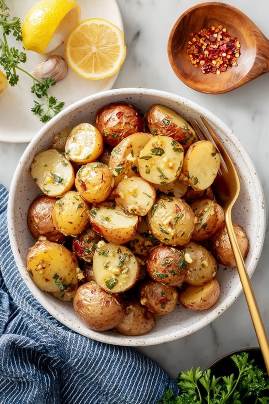 A white speckled bowl filled with two layers of small roasted potatoes, some whole and some sliced in half, showing their golden brown and slightly crispy skin with a soft-looking inner texture. The potatoes are sprinkled evenly with small green herb bits and minced garlic or seasoning. A golden spoon and fork rest inside the bowl on top of the potatoes. The bowl sits on a white marbled surface next to a small wooden dish with red chili flakes, a sprig of green parsley, two lemon halves, and a blue and white striped cloth nearby. Photo taken with an iphone --ar 2:3 --v 7 - Oven Roasted Potatoes with Lemon Dressing, roasted potato side dish, lemon dressing potato recipe, crispy roasted potatoes, easy lemon potato sides
