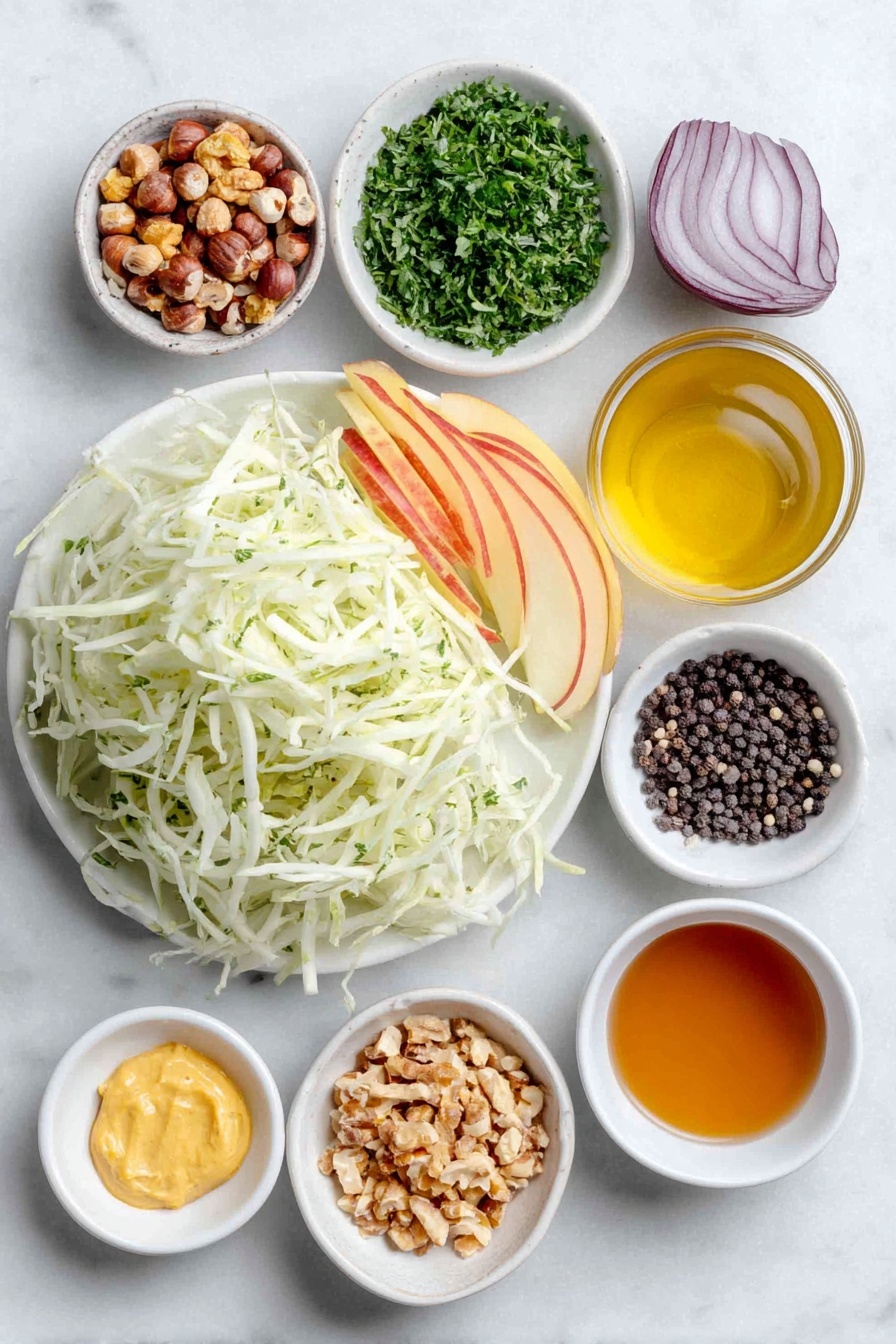 Flat lay of a large fresh green kohlrabi peeled and cut into matchsticks, a crisp red apple sliced into matchsticks, thinly sliced vibrant red onion, a small pile of toasted chopped hazelnuts, finely chopped bright green parsley, whole grain mustard dolloped on a white ceramic plate, a few whole black peppercorns scattered beside a small white ceramic bowl of golden extra-virgin olive oil, a small white ceramic bowl of amber honey, another small white bowl filled with pale apple cider vinegar, and a small white ceramic bowl of fine sea salt, all arranged in perfect symmetry on a clean white marble surface, soft natural light, photo taken with an iPhone, professional food photography style, fresh ingredients, white ceramic bowls, no bottles, no duplicates, no utensils, no packaging --ar 2:3 --v 7 --p awthu7i m7354615311229779997 - Kohlrabi Slaw with Apples and Hazelnuts, healthy kohlrabi slaw, crunchy fruit and nut salad, fresh vegetable slaw recipes, easy side salads