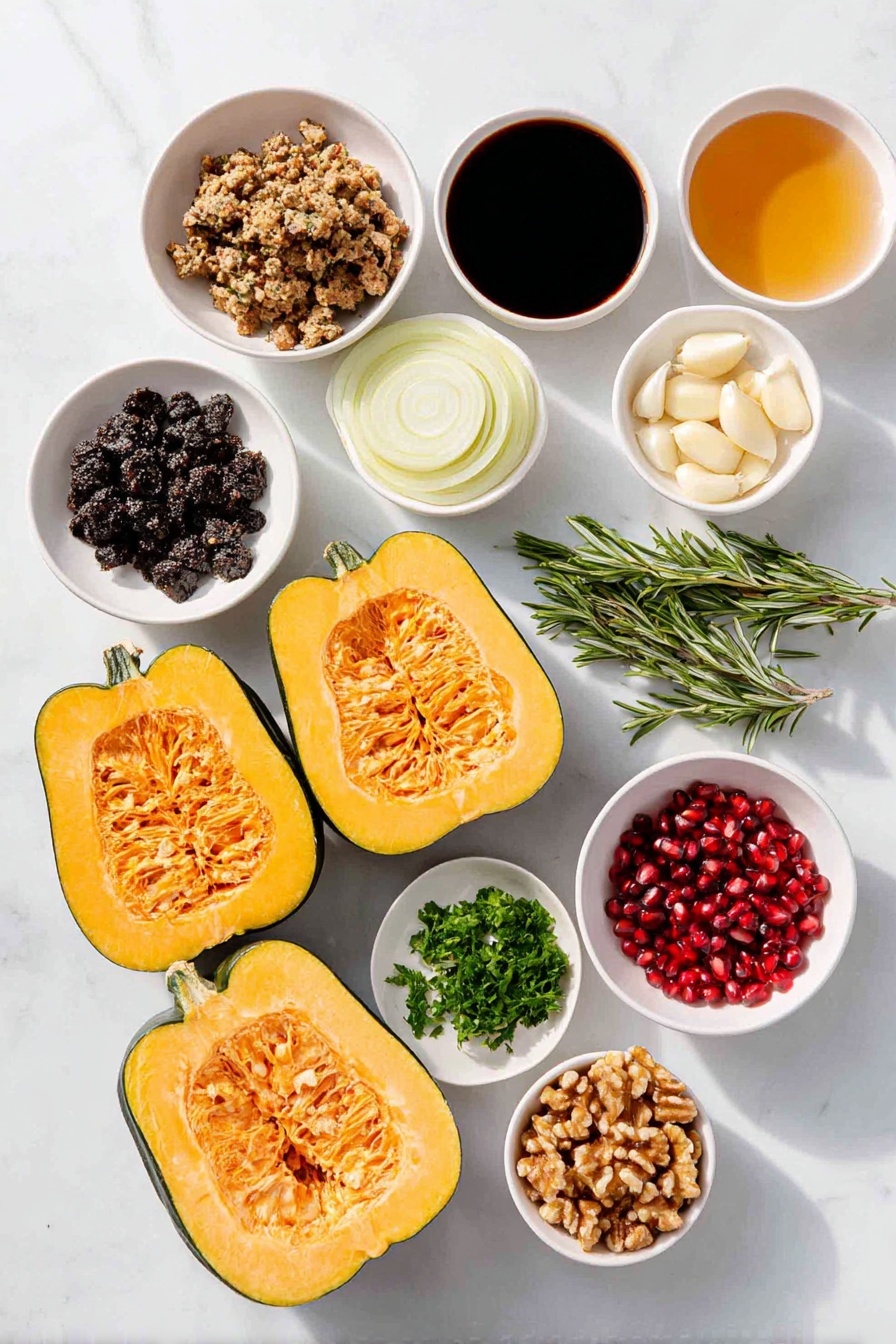 Flat lay of two halved acorn squashes with vibrant orange flesh and green ridged skins, a small pile of crumbled tempeh, a few whole cremini mushrooms with smooth brown caps, half a yellow onion with bright white and pale yellow layers, three uncracked garlic cloves with papery white skins, a small handful of coarsely chopped walnuts, a small white ceramic bowl of dark tamari sauce, a small white ceramic bowl of amber apple cider vinegar, a few sprigs of fresh green rosemary, a small pile of chopped sage leaves, a small white ceramic bowl filled with dried cranberries, fresh parsley sprigs with bright green leaves, and several glossy red pomegranate arils scattered nearby, all arranged in perfect symmetry on simple white ceramic dishes and bowls, placed on a clean white marble surface, soft natural light, photo taken with an iPhone, professional food photography style, fresh ingredients, white ceramic bowls, no bottles, no duplicates, no utensils, no packaging --ar 2:3 --v 7 --p awthu7i m7354615311229779997 - Stuffed Acorn Squash with Tempeh, plant-based stuffed acorn squash, healthy vegetarian acorn squash recipes, cozy fall acorn squash meal, vegan stuffed squash recipes