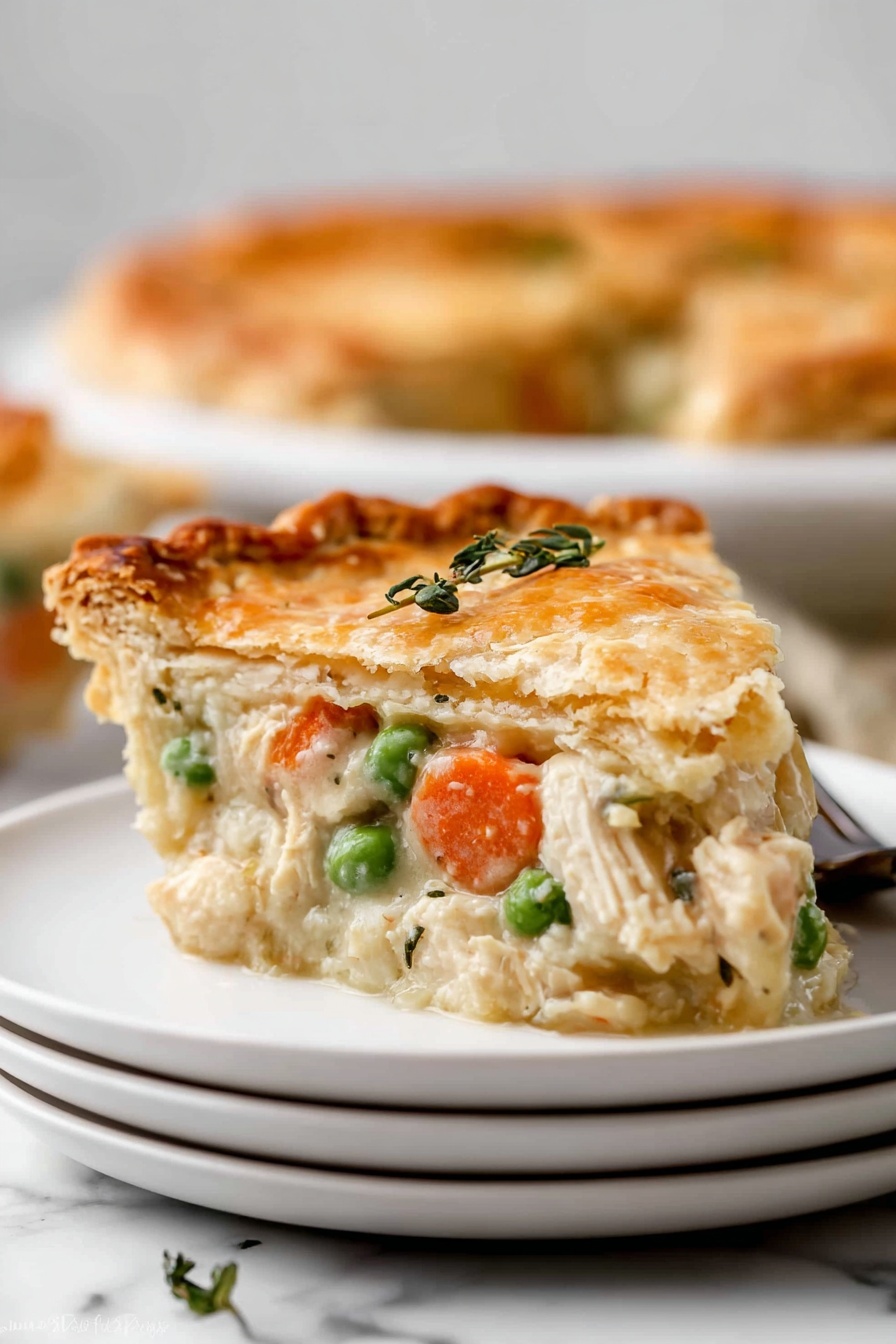 A golden brown pie with a flaky, slightly cracked crust showing a creamy white filling inside, filled with chunks of light-colored chicken, bright orange carrots, and green peas, partially scooped out revealing the thick, smooth texture of the inside layers; topped with small sprigs of fresh green herbs, the pie sits in a clear glass dish on a white marbled surface with a black cooling rack partly visible underneath, photo taken with an iphone --ar 2:3 --v 7 - Homemade Chicken Pot Pie, chicken pot pie from scratch, easy chicken pot pie, comforting chicken pot pie recipe, flaky chicken pie