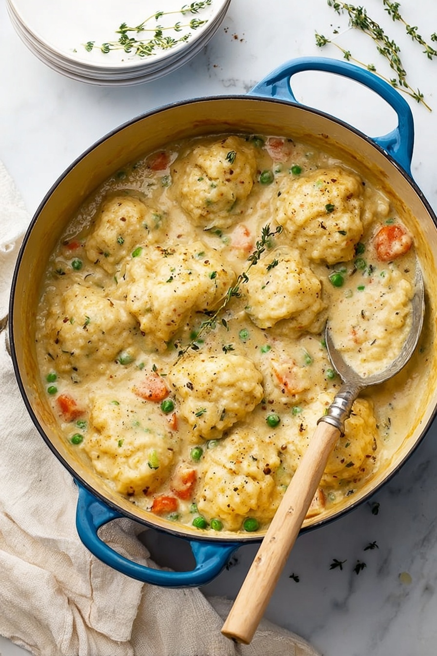 A large blue round pot filled with a creamy stew showing about 15 soft yellow biscuit dumplings sitting on top in a thick light brown sauce with small pieces of orange carrots, green peas, and bits of herbs like thyme sprinkled throughout. A silver spoon with a wooden handle rests inside the pot among the dumplings. The pot sits on cream fabric placed on a white marbled surface, with white stacked plates in the top left corner and small sprigs of fresh thyme nearby photo taken with an iphone --ar 2:3 --v 7 - Creamy Chicken and Dumplings, Chicken and Dumplings recipe, comforting chicken stew, easy homemade chicken and dumplings, fluffy dumplings recipe