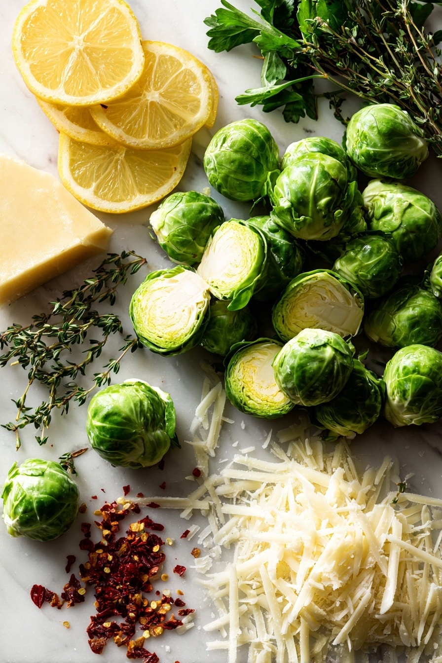Flat lay of fresh green Brussels sprouts halved to show their tight leafy layers, bright yellow lemon slices with textured skin and vibrant zest curls, small piles of finely grated white Parmesan cheese, scattered fresh thyme sprigs with tiny green leaves, fresh flat-leaf parsley bunch with crisp bright leaves, and a few red chili flakes adding a pop of deep red color, all naturally arranged with soft shadows to highlight their textures, placed on white marbled surface, photo taken with an iphone --ar 2:3 --v 7 - Lemon Parmesan Roasted Brussels Sprouts, roasted Brussels sprouts with lemon and parmesan, healthy side dishes with brussels sprouts, lemon parmesan vegetable recipes, easy roasted Brussels sprouts