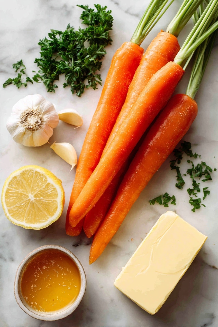 Flat lay of fresh whole medium carrots with bright orange color and smooth texture, three peeled garlic cloves showing their creamy white interior, a small half lemon with vibrant yellow skin and juicy pulp, a handful of chopped green parsley leaves scattered delicately, a small pile of golden honey glistening in a natural drip, and a slab of pale yellow unsalted butter with a soft, creamy surface, all beautifully arranged with natural spacing and gentle shadows, placed on white marbled surface, photo taken with an iphone --ar 2:3 --v 7 - Honey Glazed Roasted Carrots, roasted carrots side dish, sweet caramelized carrots, easy vegetable side, healthy roasted vegetable recipe