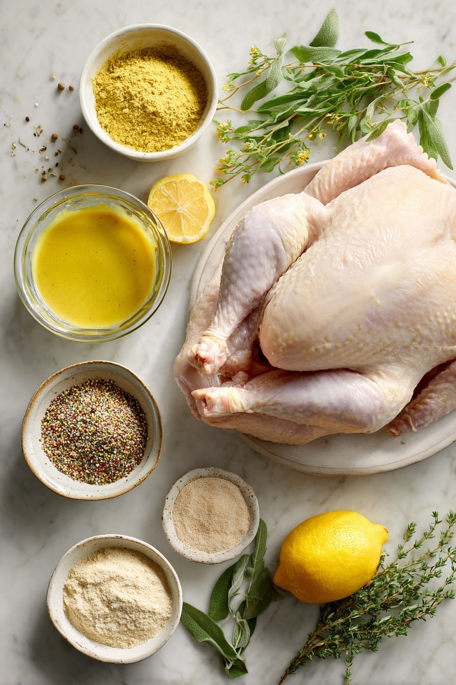 Flat lay of a fresh whole raw turkey with smooth, pale skin, surrounded by small bowls of lemon pepper seasoning with a mix of yellow and black specks, poultry seasoning in a light brown powder, garlic powder and onion powder both in fine pale yellow textures, a small glass of bright yellow Dijon mustard, a wedge of vibrant yellow lemon, and fresh sprigs of green herbs scattered naturally, all placed on white marbled surface, photo taken with an iphone --ar 2:3 --v 7 - Deep Fried Turkey, crispy turkey recipe, Thanksgiving turkey, juicy fried turkey, easy fried turkey