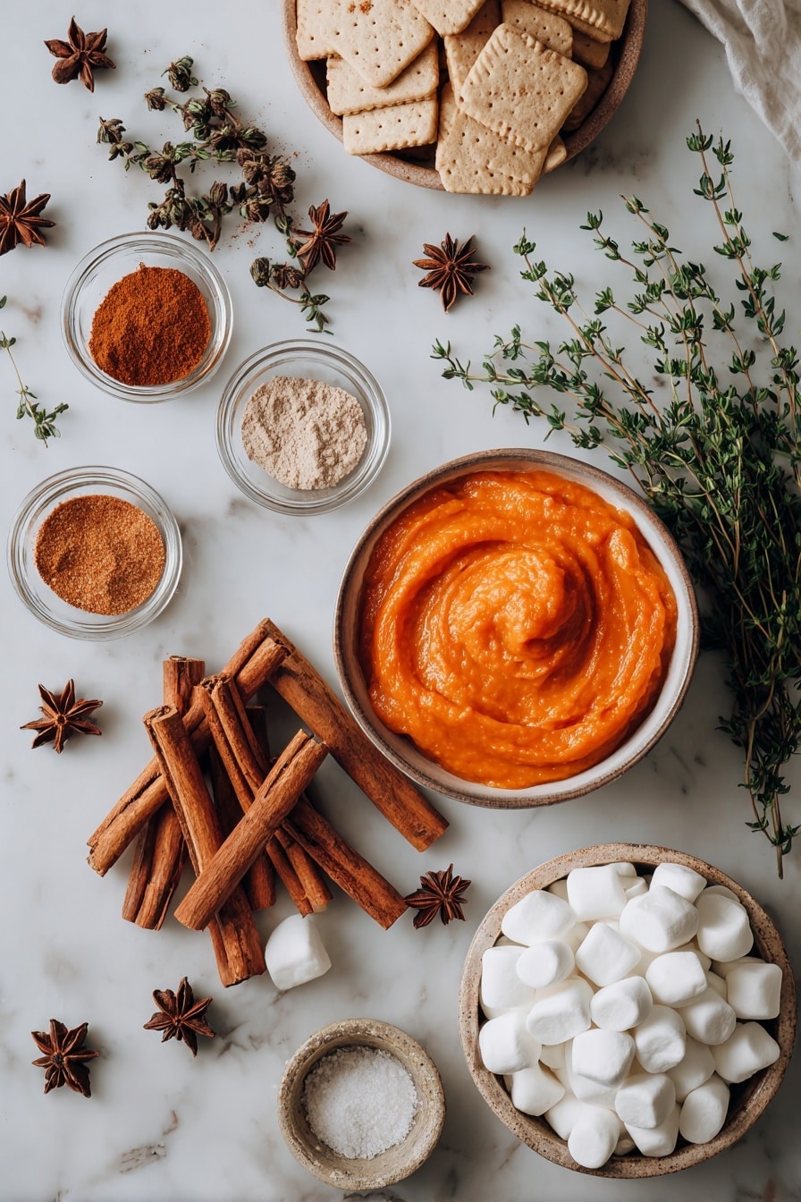 Flat lay of smooth, bright orange pumpkin purée next to whole cinnamon sticks with their warm brown, woody texture, scattered star anise pods adding dark brown, star-shaped contrast, small bowls of ground nutmeg and cloves showing fine tan and deep reddish-brown powders, a handful of soft white marshmallows with their pillowy texture, a cluster of mini golden graham crackers with a crumbly surface, and fresh cream swirled gently to show its rich white color, all beautifully arranged with some sprigs of fresh green thyme for a pop of color, placed on white marbled surface, photo taken with an iphone --ar 2:3 --v 7 - No-Bake Pumpkin Pie, pumpkin pie without baking, easy pumpkin pie, no bake fall desserts, creamy pumpkin pie