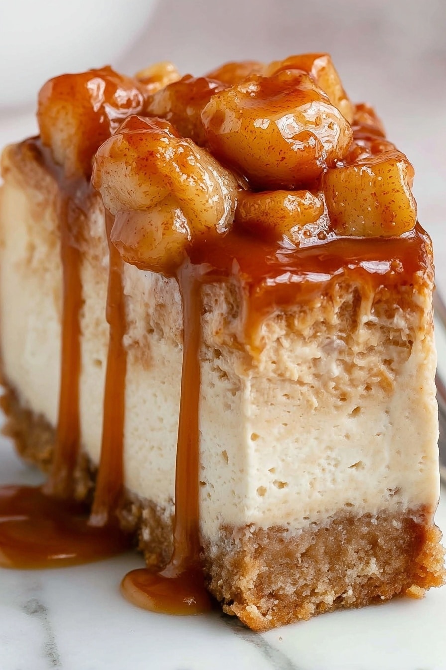 A close-up slice of a dessert with three layers: the bottom layer is a dense, crumbly crust in light brown, the middle layer is a thick, creamy, pale beige filling with a smooth texture, and the top layer has golden brown soft chunks that look like cooked fruit, covered in a glossy caramel sauce dripping down the sides. The dessert is on a white marbled surface. photo taken with an iphone --ar 2:3 --v 7 - Caramel Apple Cheesecake, fall dessert recipes, apple cheesecake with caramel, homemade caramel sauce, pumpkin spice cheesecake