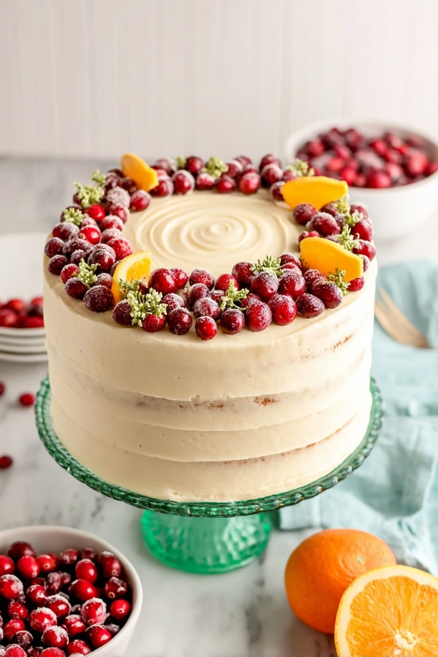 A tall, four-layer cake is covered smoothly with light cream-colored frosting that has subtle horizontal lines on the sides and a spiral swirl on top center. Around the top edge, there is a ring of fresh bright red and dark red cranberries mixed with small green herb sprigs and a few orange slices arranged evenly. The cake is placed on a white marbled surface on a transparent green glass cake stand. Nearby, a white bowl full of fresh red cranberries and a halved bright orange with a light blue cloth beneath it are visible. Photo taken with an iphone --ar 2:3 --v 7 - Cranberry Orange Cake with Cream Cheese Buttercream, festive orange cranberry cake, citrus cranberry dessert, easy holiday cake recipe, moist orange cranberry cake