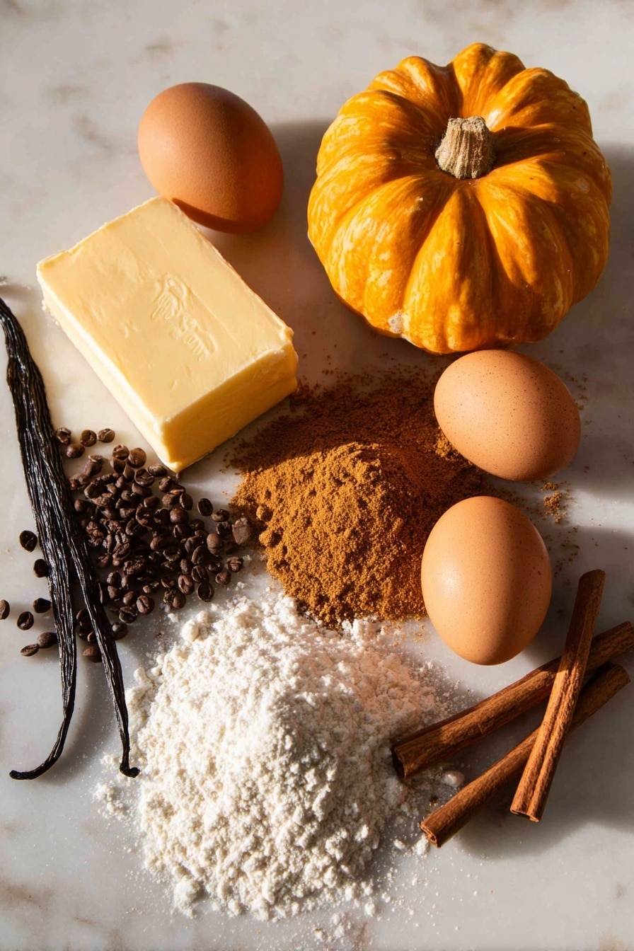 Flat lay of a soft golden block of unsalted butter, a small mound of rich dark brown sugar with sparkling deep amber crystals, a vibrant orange pumpkin with smooth skin beside a scattering of warm brown pumpkin spice powder and ground cinnamon dust, two fresh brown-speckled eggs with shiny shells, a vanilla bean pod with glossy black seeds spilling out, a delicate heap of fine white all-purpose flour, and a few cinnamon sticks with textured bark, all beautifully arranged with natural light and soft shadows, placed on white marbled surface, photo taken with an iphone --ar 2:3 --v 7 - Pumpkin Spice Cookies, fall cookie recipes, easy pumpkin cookies, soft chewy cookies, pumpkin spice dessert