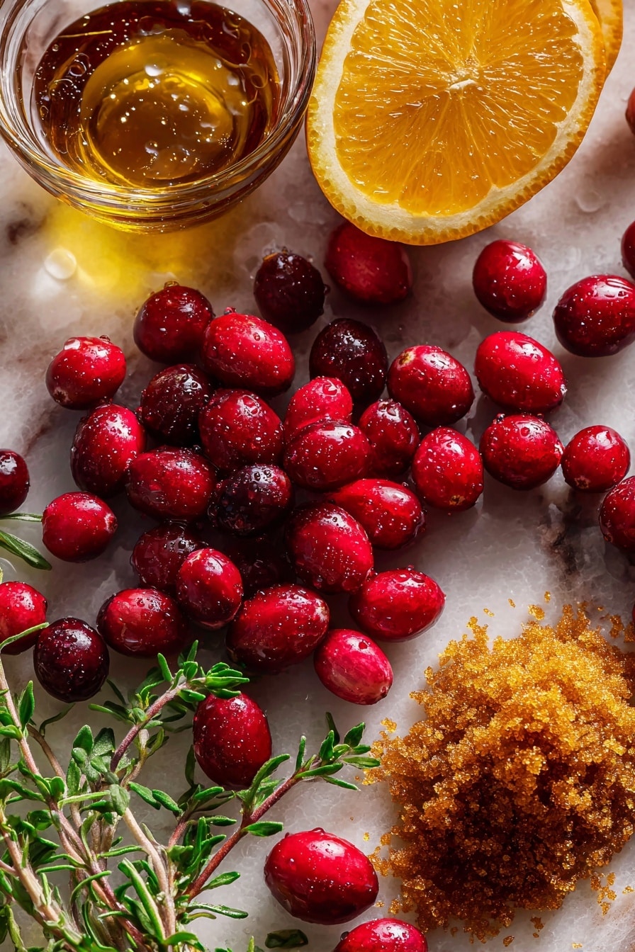 Flat lay of bright red fresh cranberries with tiny water droplets, a halved vibrant orange showing its juicy, textured flesh alongside a small pile of finely grated orange zest in vivid orange tones, a rustic mound of rich dark brown sugar crystals with a slightly sticky texture, and a small glass dish of golden vanilla extract with smooth, glossy surface, all naturally arranged with sprigs of fresh green herbs gently scattered for contrast, placed on white marbled surface, photo taken with an iphone --ar 2:3 --v 7 - Easy Cranberry Sauce with Orange Zest and Vanilla, cranberry sauce with orange zest, vanilla-infused cranberry sauce, holiday cranberry sauce, simple cranberry sauce recipe