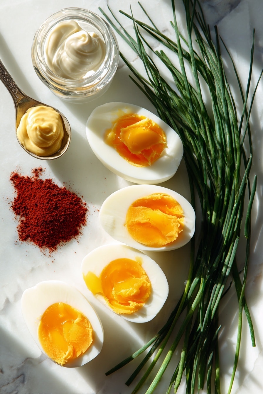 Flat lay of six large hard boiled eggs halved with smooth, creamy bright yellow-orange yolks, small bunches of fresh vibrant green chives cut into short pieces, a small heap of deep red smoked paprika powder with a fine texture, a dollop of glossy white mayonnaise, a small spoon of rich golden yellow mustard, and a clear glass vial of white vinegar, all beautifully arranged with natural light casting soft shadows, placed on white marbled surface, photo taken with an iphone --ar 2:3 --v 7 - Pumpkin Deviled Eggs, Halloween Deviled Eggs, Fall Party Appetizer, Easy Pumpkin Deviled Eggs, Festive Deviled Eggs for Fall