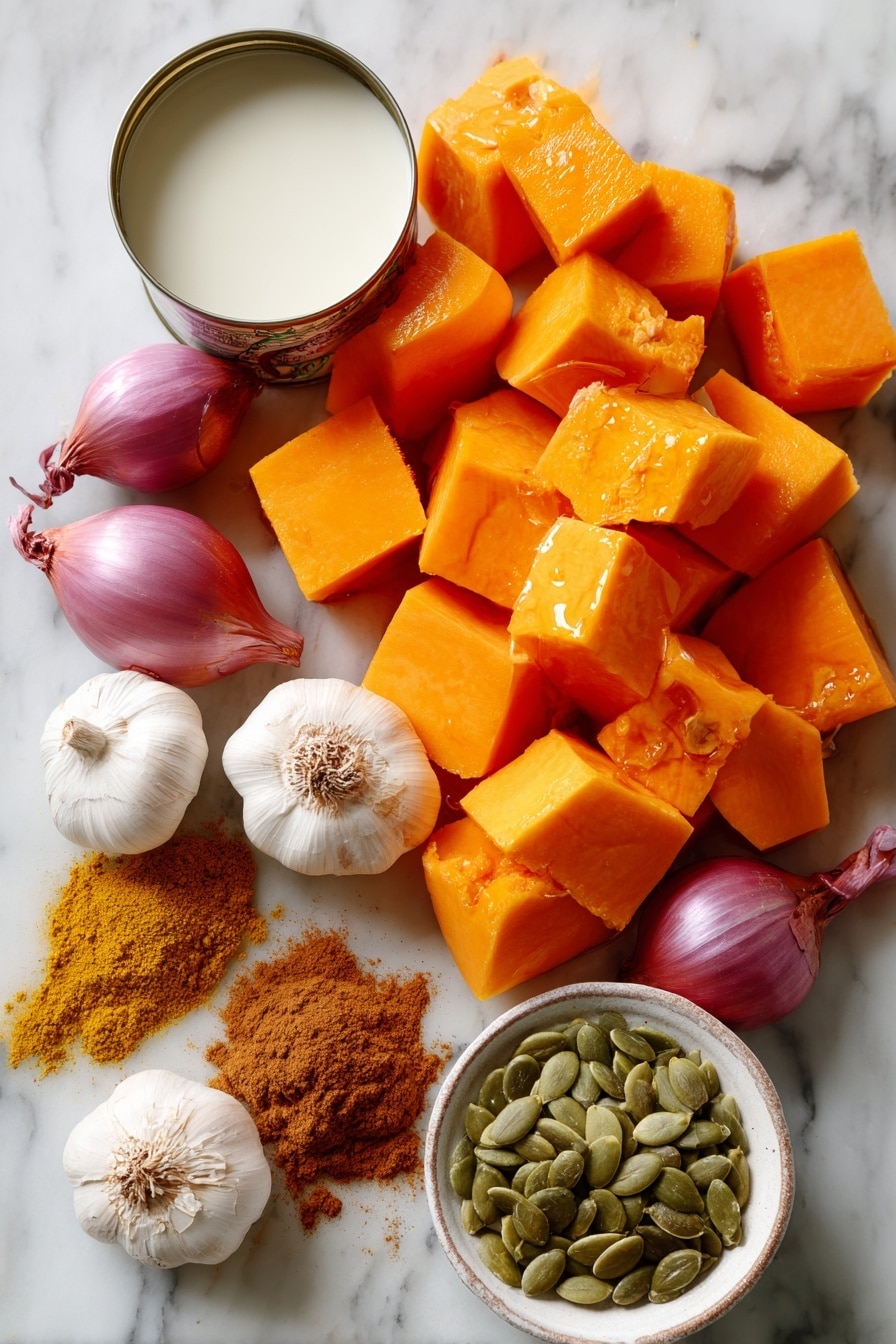 Flat lay of bright orange butternut squash chunks with smooth skin and firm texture, small glossy shallots with purple skins and delicate layers, fresh garlic cloves with papery white skins, a small heap of golden curry powder with a fine texture, warm brown cinnamon powder in a soft pile, a creamy white can of coconut milk with a shiny surface, amber-colored maple syrup glistening in a small puddle, and a few vibrant green fresh pumpkin seeds with a matte finish, all arranged naturally with some overlapping and spaced thoughtfully to show color contrast, placed on white marbled surface, photo taken with an iphone --ar 2:3 --v 7 - Curried Butternut Squash Soup, butternut squash soup, fall soup recipes, vegan creamy soup, spicy squash soup