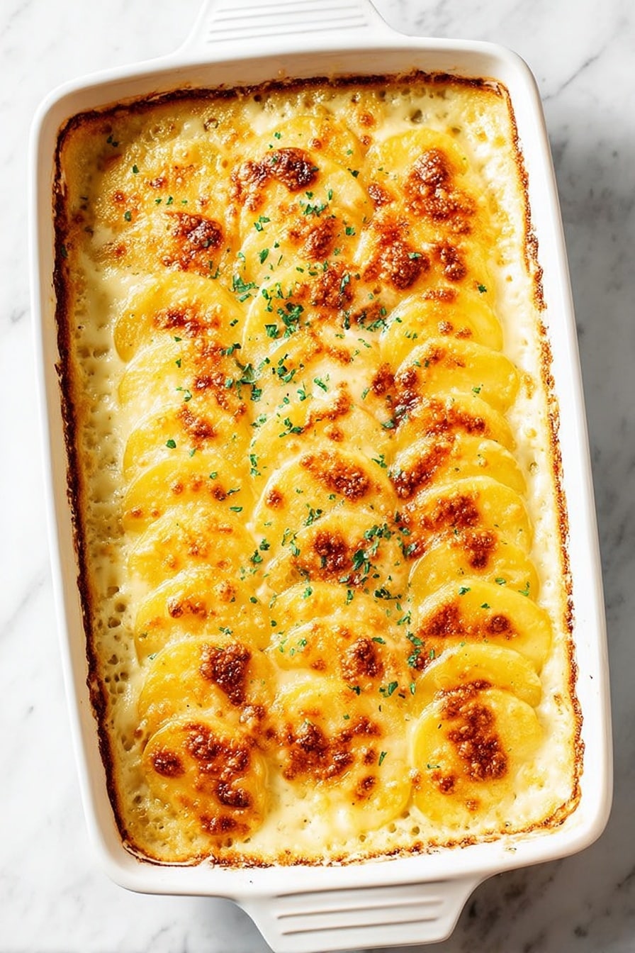 The image shows a close-up of a cheesy potato gratin in a cream-colored rectangular baking dish with a red handle. The dish has thin golden-yellow potato layers, some with browned, bubbly, and slightly crispy edges. Fresh green herb bits are sprinkled on top, adding a pop of color. A metal spatula is lifting a serving from the dish, revealing soft, creamy layers of tender potatoes beneath the browned cheese crust on a white marbled surface. Photo taken with an iphone --ar 2:3 --v 7 - Easy Cheesy Scalloped Potatoes, cheesy scalloped potatoes, creamy potato side dish, baked scalloped potatoes, comfort food side dish