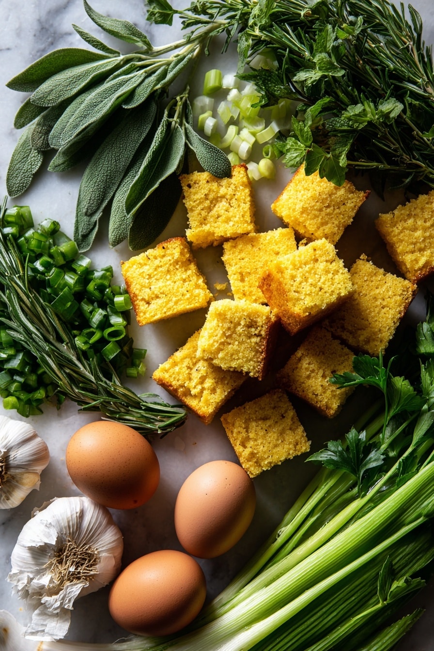 Flat lay of golden cubed cornbread pieces, vibrant green fresh sage leaves, rosemary sprigs with needle-like leaves, bright yellow chopped onion chunks, crisp pale green celery stalks, bunches of leafy parsley in deep green, freshly grated white garlic cloves, and large brown eggs with smooth shells, all naturally arranged with soft shadows and varied textures to highlight their freshness, placed on white marbled surface, photo taken with an iphone --ar 2:3 --v 7 - Cornbread Stuffing, homemade cornbread stuffing, savory stuffing recipe, holiday stuffing, easy stuffing with herbs
