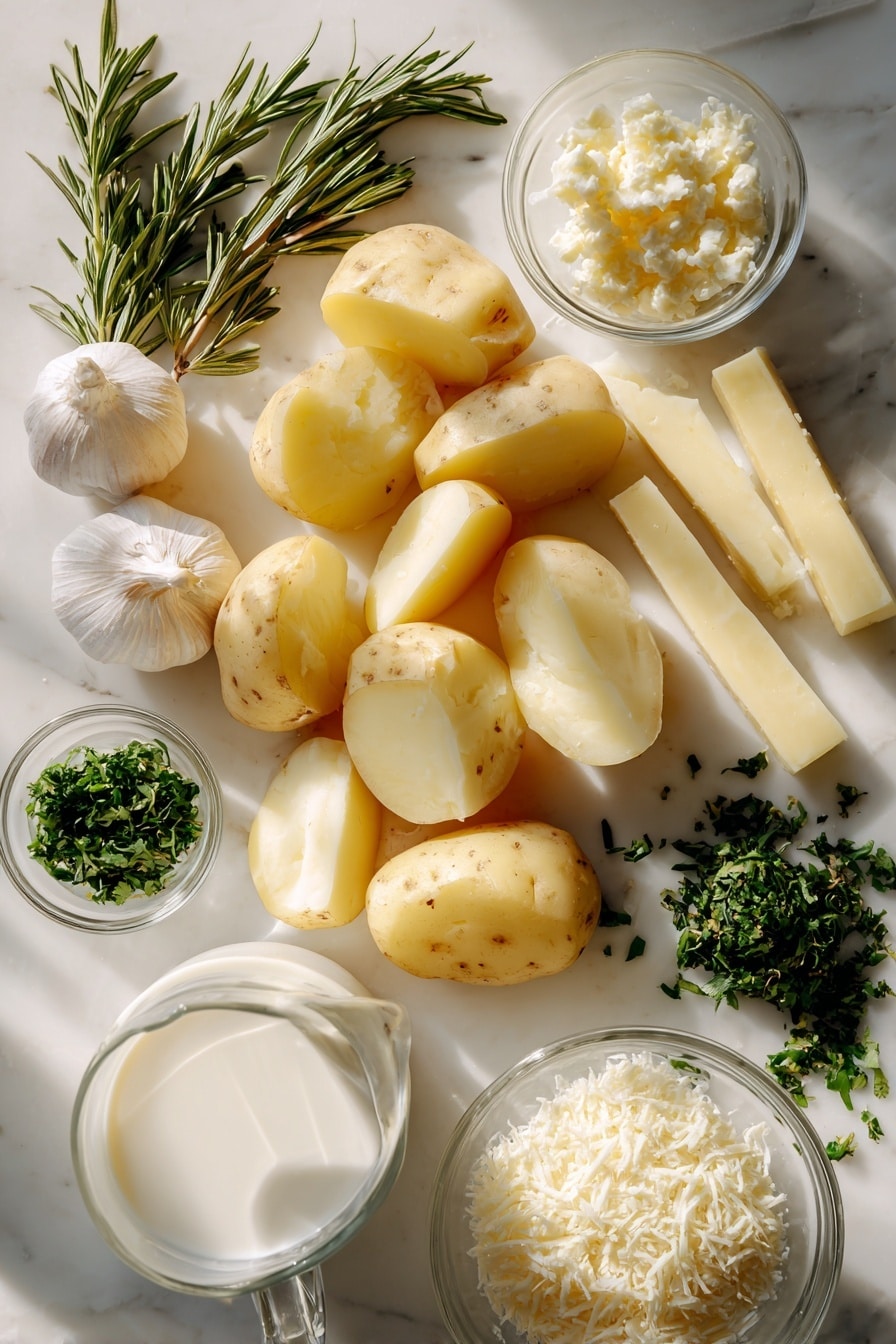 Flat lay of peeled Yukon Gold potatoes cut into large pieces with smooth, pale yellow flesh, whole sticks of golden salted butter, fresh garlic cloves and a small heap of finely minced garlic showing creamy white cloves, a small pile of chopped fresh green rosemary and parsley herbs, a mound of grated pale ivory Parmesan cheese, a glass container of rich heavy cream with soft white color, and a small jug of whole milk with a creamy texture, all arranged naturally with gentle shadows cast softly, placed on white marbled surface, photo taken with an iphone --ar 2:3 --v 7 - Creamy Garlic Mashed Potatoes, garlic mashed potatoes, smooth mashed potatoes, easy mashed potato recipe, flavorful mashed potatoes