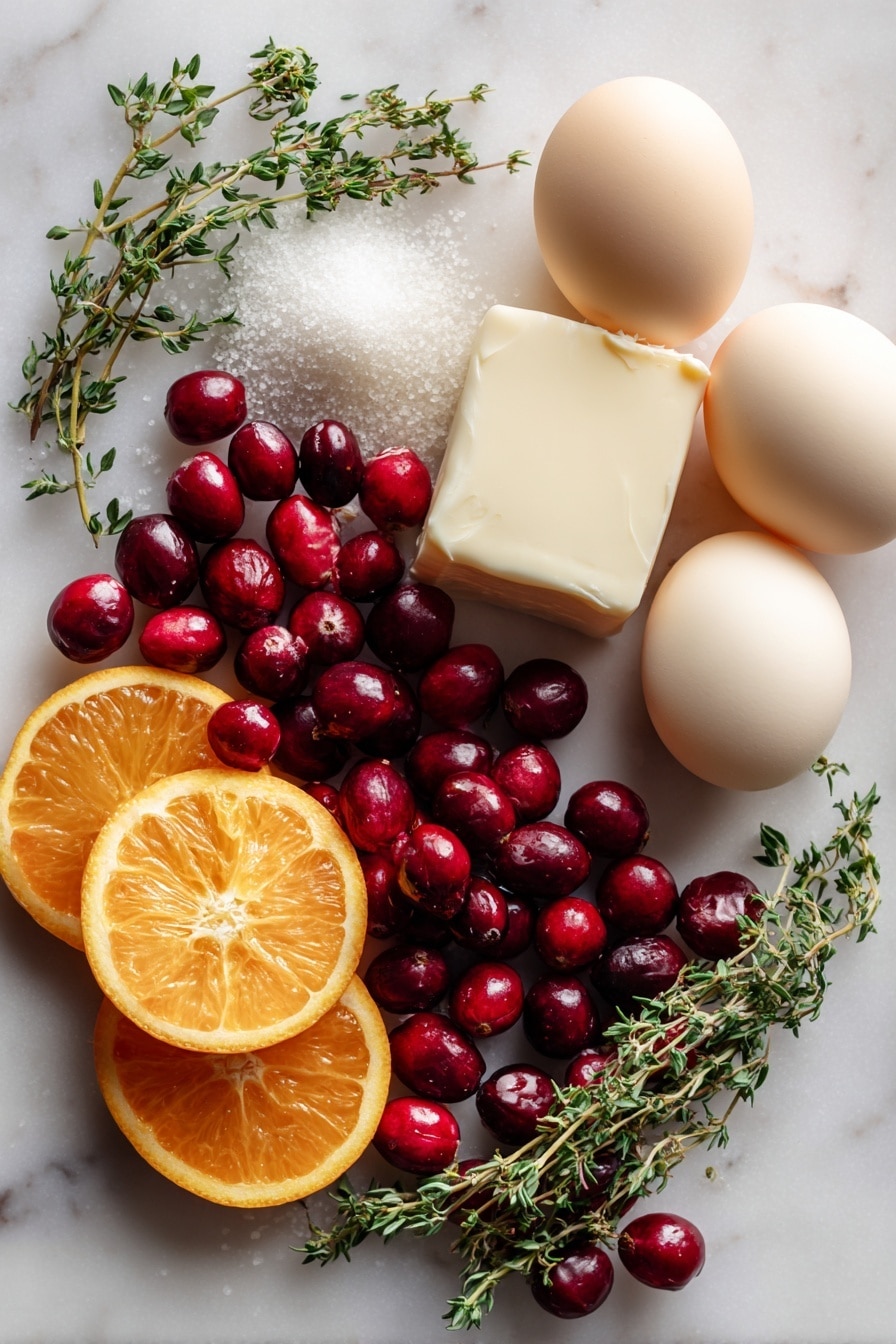 Flat lay of fresh whole cranberries with their deep red color and glossy texture, bright orange halves and thin orange zest strips showing vibrant citrus peel, smooth cream cheese block in soft ivory tone, plump whole eggs with light beige shells, sprigs of fresh green thyme with delicate leaves, and a small mound of granulated sugar sparkling subtly, all beautifully arranged with natural spacing and contrast, placed on white marbled surface, photo taken with an iphone --ar 2:3 --v 7 - Cranberry Orange Cake with Cream Cheese Buttercream, festive cranberry orange cake, citrus cranberry layer cake, homemade cranberry orange dessert, holiday cake with cream cheese frosting