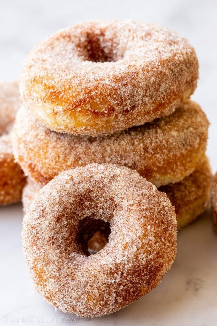 The image shows several round doughnuts with a light brown, crispy outside covered in a layer of sugar. One doughnut is broken in half, showing a soft, light yellow inside with a slightly crumbly texture. The doughnuts are placed directly on a white marbled surface without any plate or bowl. The sugar coating looks grainy and gives a sparkling effect under the light. photo taken with an iphone --ar 2:3 --v 7 - Baked Cinnamon Sugar Donuts, cinnamon sugar donuts, easy baked donuts, homemade baked donuts, healthy donut recipes