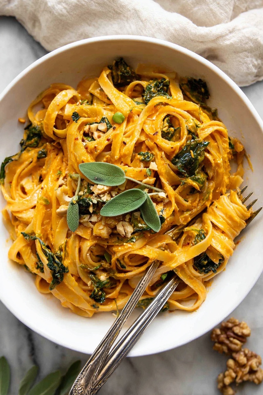 A close-up of a white bowl filled with thick fettuccine pasta coated in a creamy orange sauce, layered with wilted dark green spinach leaves scattered throughout. The pasta is topped with light brown chopped nuts and dark green pumpkin seeds, along with fresh sage leaves placed on top as garnish. A fine sprinkle of grated white cheese is spread evenly over the dish. The bowl sits on a white marbled surface. photo taken with an iphone --ar 2:3 --v 7 - The BEST Pumpkin Pasta, pumpkin pasta recipe, creamy pumpkin pasta, easy pumpkin pasta dinner, fall pasta recipes