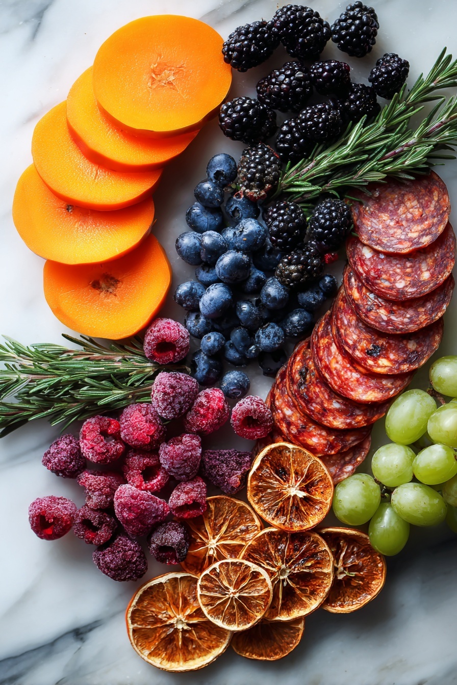 Flat lay of sliced bright orange persimmon wedges with smooth skin, plump deep blue blueberries, glossy dark blackberries, vibrant red raspberries, jewel-like ruby pomegranate quarters glistening with seeds, small clusters of green Thomcord grapes with a matte finish, folded thin slices of rich red and marbled salami, sprigs of fresh green rosemary with needle-like leaves, and cinnamon-hued dried orange slices showing textured rind, all naturally arranged with space between each, placed on white marbled surface, photo taken with an iphone --ar 2:3 --v 7 - Fall Cheese Board, autumn cheese board, fall entertaining snacks, seasonal cheese platter, holiday cheese board ideas
