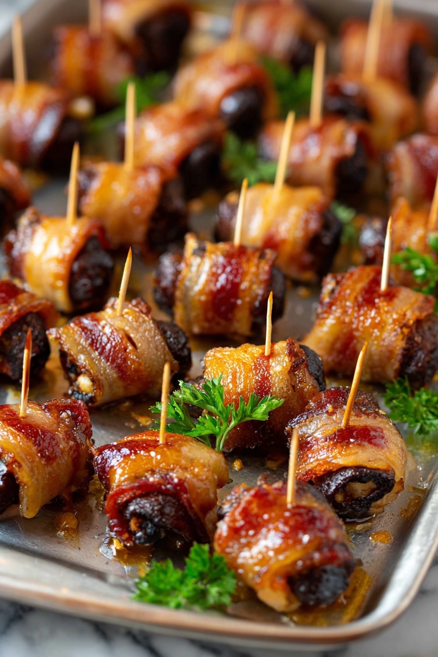 The image shows many small pieces of food neatly arranged on a metal tray with a few green parsley leaves scattered around. Each piece has a dark brown or almost black center, which is wrapped tightly in a shiny, golden-brown layer of cooked bacon held together with a small wooden toothpick. The bacon appears crispy and slightly glistening with moisture. The pieces are closely packed in rows, filling the tray, and the background features a white marbled surface. The overall look is warm and inviting. photo taken with an iphone --ar 2:3 --v 7 - Bacon-Wrapped Date Appetizers with Goat Cheese and Maple Glaze, easy bacon appetizer, sweet and savory appetizers, party appetizer ideas, goat cheese appetizer recipes