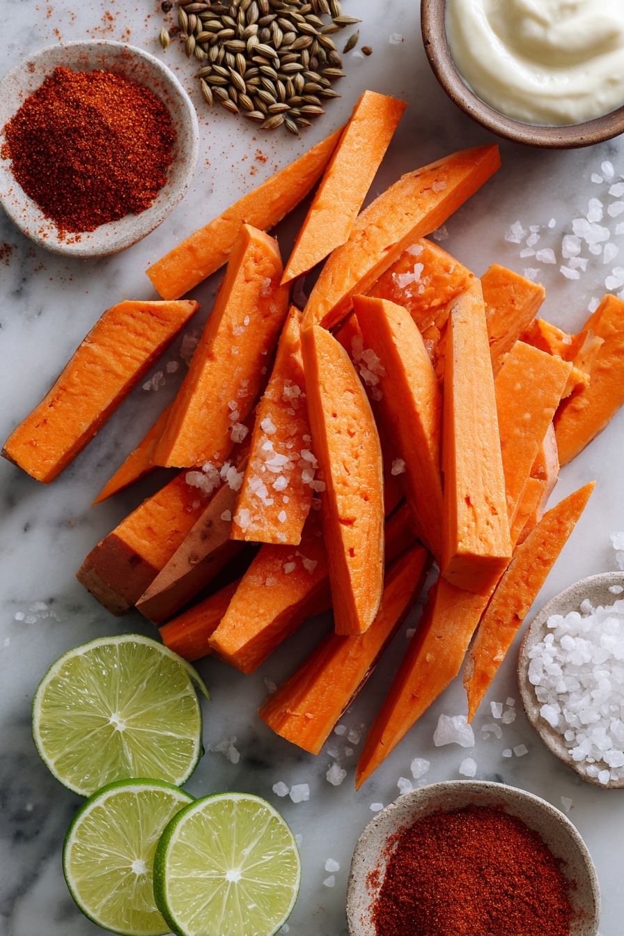 Flat lay of bright orange sweet potatoes cut into sticks with smooth deep orange skin and vibrant flesh, scattered with coarse kosher salt crystals; a small heap of reddish-brown chipotle powder and chili powder with a fine, dusty texture; fresh green lime halves showing juicy, textured pulp; a dollop of creamy white mayonnaise subtly glossy with a silky texture; a sprinkle of paprika in warm red tones; aromatic cumin seeds in warm brown shades; all ingredients naturally arranged with a balance of color and texture, placed on white marbled surface, photo taken with an iphone --ar 2:3 --v 7 - Sweet Potato Fries with Spicy Chipotle Lime Dipping Sauce, spicy chipotle lime dip, baked sweet potato fries, healthy crispy snacks, flavorful dipping sauces