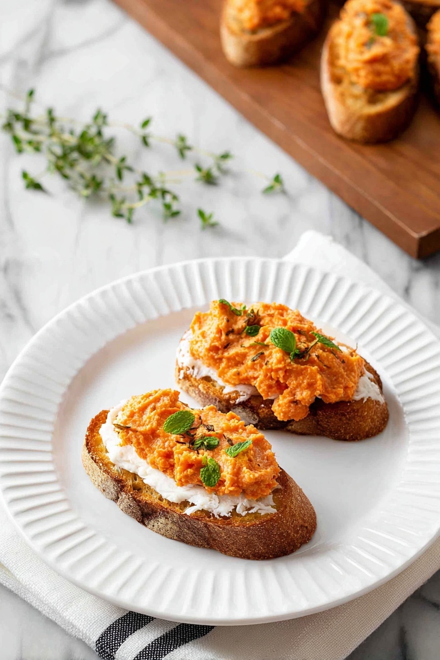 The image shows two pieces of toasted bread with three layers on top, placed on a white plate with ridged edges. The bottom layer is golden brown toasted bread with a crispy texture, the middle layer is a soft white cheese spread evenly, and the top layer is an orange spread that looks like mashed vegetables garnished with small green mint leaves. In the background, there is a wooden board with more of the same bread pieces arranged on it, all on a white marbled surface, with a small sprig of green herbs near the plate. A white cloth with a black stripe is partly visible under the plate. Photo taken with an iphone --ar 2:3 --v 7 - Butternut Squash Crostini with Honeyed Shallots and Fresh Mint, roasted butternut squash appetizer, fall party hors d'oeuvres, easy vegetarian appetizer, crowd-pleasing fall snacks