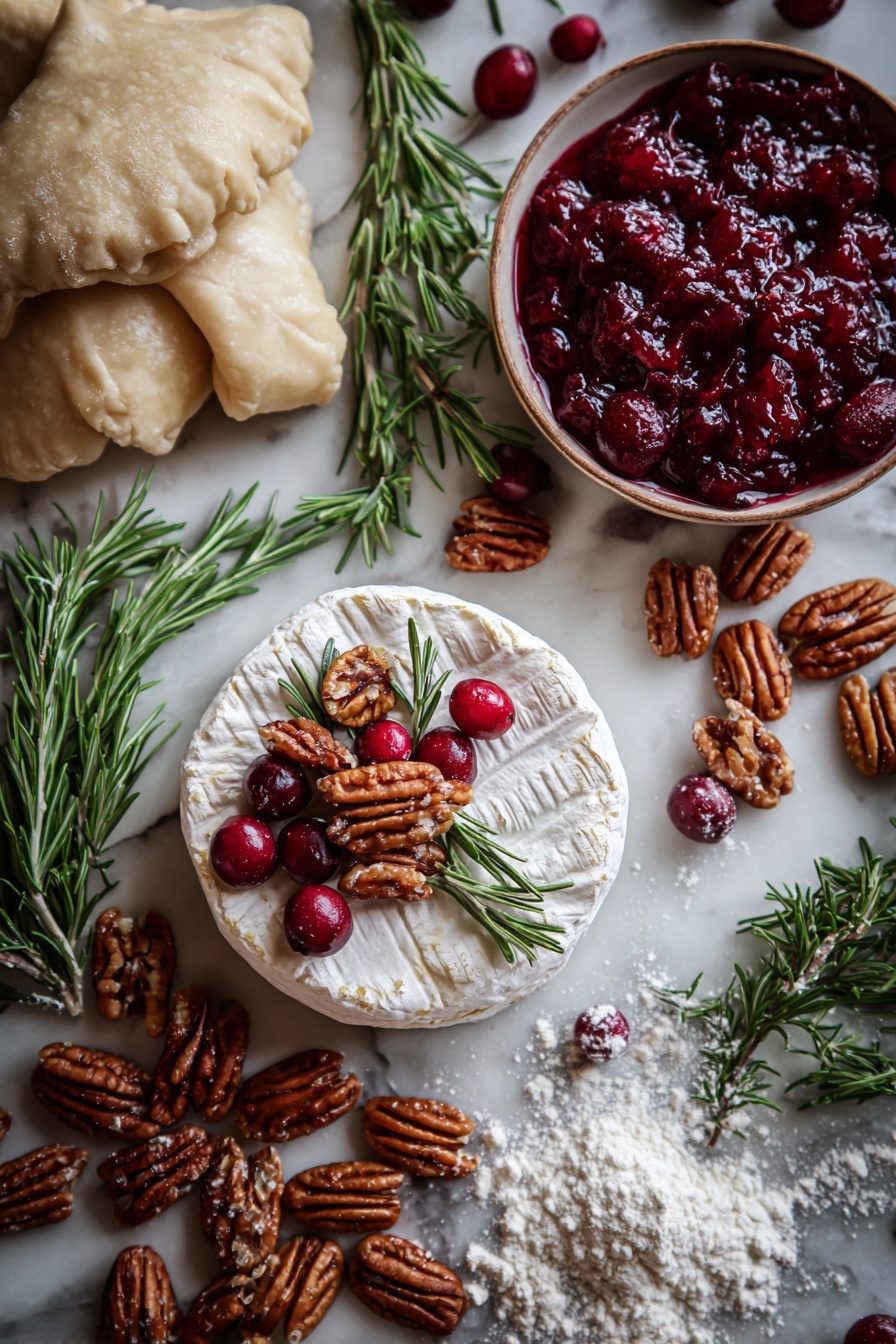 Flat lay of a creamy wheel of brie cheese with a smooth white rind, glossy deep red whole cranberries clustered in fresh cranberry sauce, rich brown roasted pecans with textured ridges, bright green fresh rosemary sprigs with needle-like leaves, soft beige crescent dough rolled out with a slightly flaky surface, and a dusting of fine white flour scattered gently around, all beautifully arranged in a natural, inviting way, placed on white marbled surface, photo taken with an iphone --ar 2:3 --v 7 - Cranberry Brie Bites, Holiday Appetizers, Easy Brie Bites, Cranberry Brie Appetizer, Crowd-Pleasing Holiday Snack
