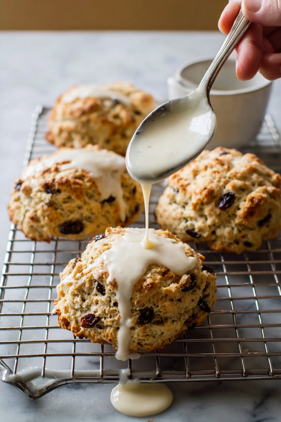 A baking tray with a white marbled surface holds a metal cooling rack with four golden-brown scones full of dark raisins. A woman's hand is holding a white spoon dripping thick, creamy white icing over the middle scone, with some icing falling onto the metal rack and the white marbled surface below. The scones have a rough texture with visible raisins, showing a contrast between the dry crumbly top and the shiny, smooth glaze dripping down. Photo taken with an iphone --ar 2:3 --v 7 - Glazed Oatmeal Maple Scones with Pecans & Currants, oatmeal scones with maple and pecans, homemade scones with currants and maple syrup, cozy breakfast scones, flaky oatmeal scones