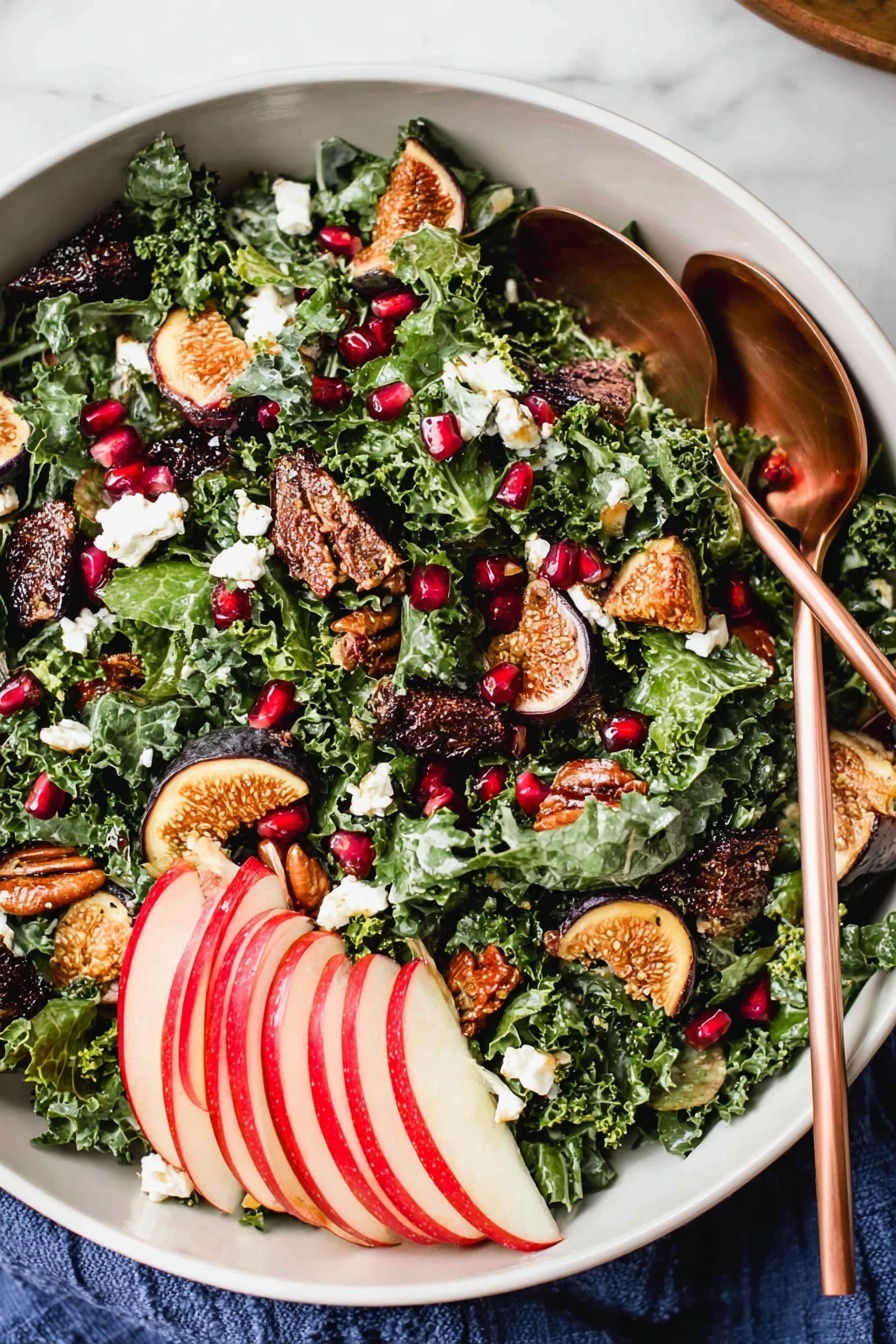 A large white bowl holds a fresh salad with three main layers: the base is bright green kale leaves with curly edges, on top are scattered dark brown pecans, small pieces of brown dried figs, and bright red pomegranate seeds. There are small white crumbles of cheese sprinkled evenly around the salad. On one side of the bowl, thin slices of red apple with light cream flesh are arranged in a fan shape. Two bronze salad forks rest inside the bowl on the right side. The bowl sits on a white marbled surface with small bowls of fig pieces, white cheese, and pomegranate seeds around it. Photo taken with an iphone --ar 2:3 --v 7 - Fall Harvest Salad with Kale, Apples, Figs, Pomegranate, and Toasted Pecans,healthy fall salad, seasonal kale salad, apple and fig salad, pomegranate salad recipe