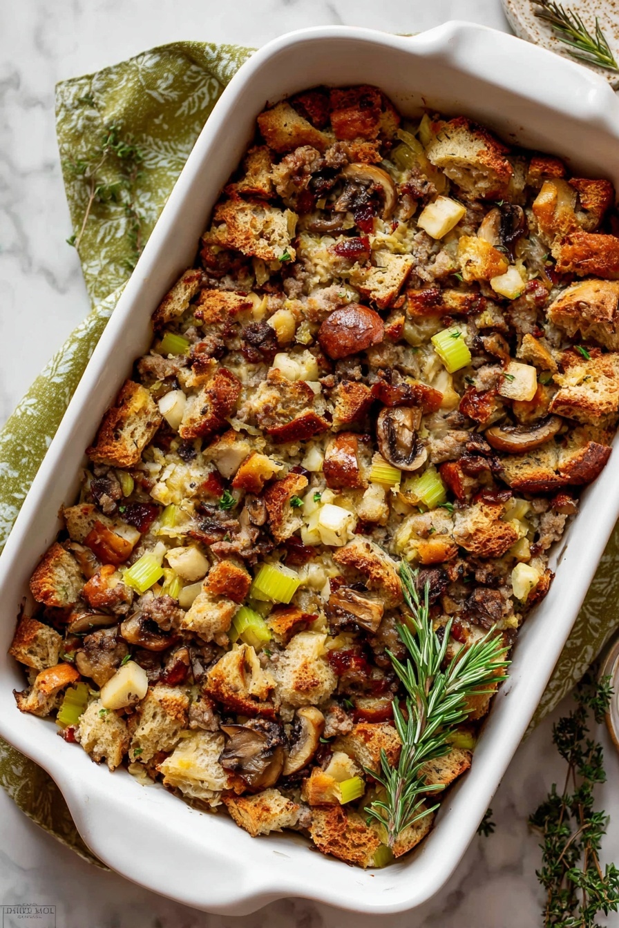 This image shows a close-up of a warm dish in a white ceramic baking dish filled with stuffing. The stuffing has several layers made of golden-brown toasted bread cubes, light beige sausage chunks, light yellow diced apples, dark brown mushrooms, and small green celery pieces. There are also some bright red dried cranberries spread on top adding color. The texture looks slightly crumbly with a mix of soft and crunchy bits. A silver spoon with a decorative handle scoops some stuffing from the dish. The background surface is white marble. photo taken with an iphone --ar 2:3 --v 7 - Sausage & Herb Stuffing, sausage and herb stuffing, holiday stuffing with sausage, savory sausage stuffing, herb stuffing with apples and cranberries